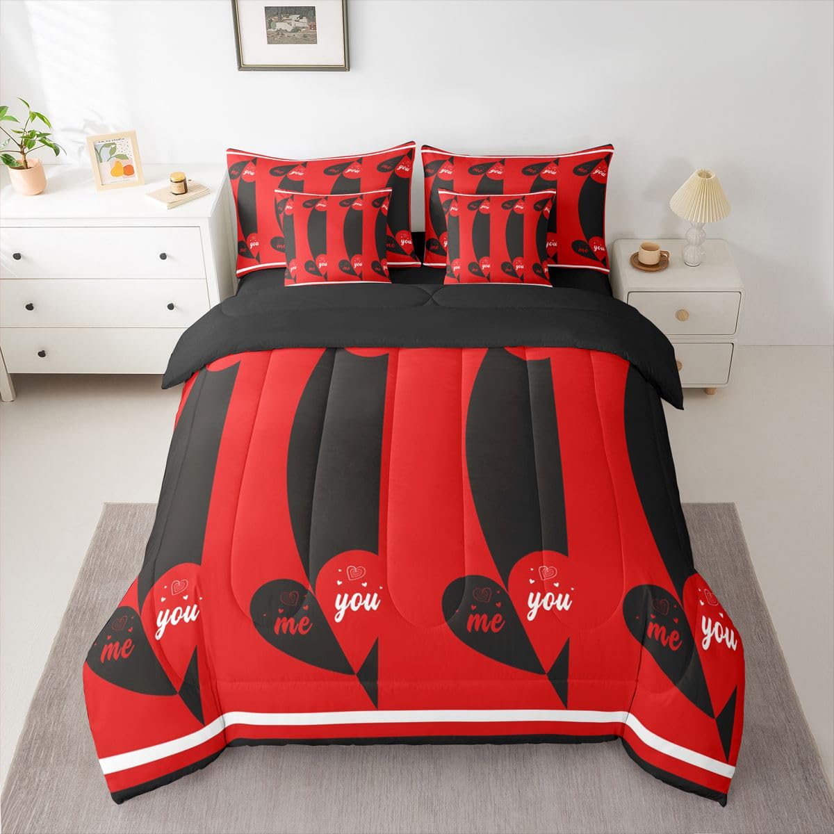Erosebridal Love You and Me Queen Bedding Set 7 Piece Cute Love Heart Bed in A Bag with Sheets Valentine Romantic Heart Pattren Comforter Set for Women Men Adults,Couple Wedding Bed Sets