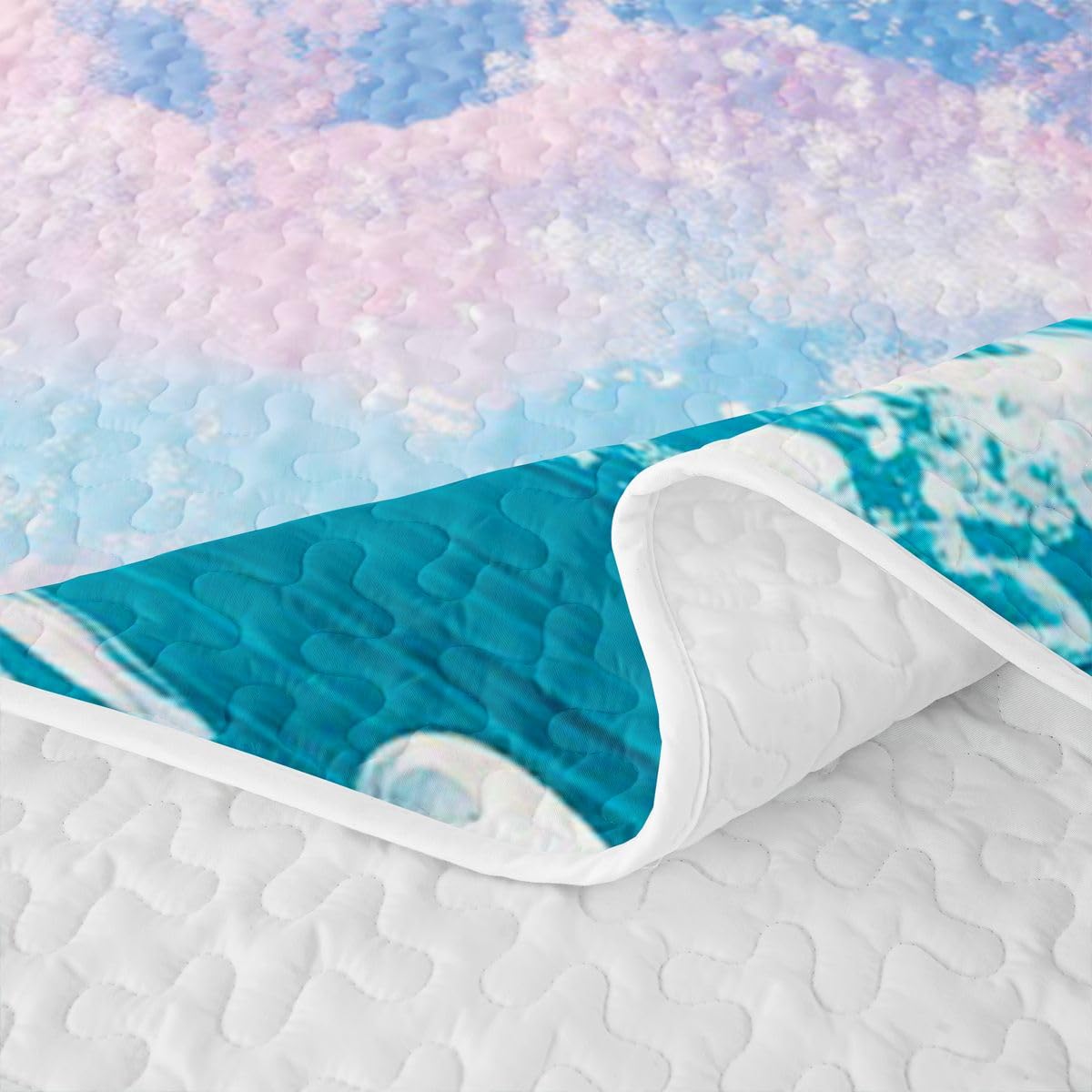 Erosebridal Pink Ocean Waves Quilts Twin Size - Japanese Style Bedspread Coverlet Set, Japanese Cherry Blossom Fuji Mountain Quilt Coverlets 2Pcs (Only 1 Pillowcase)