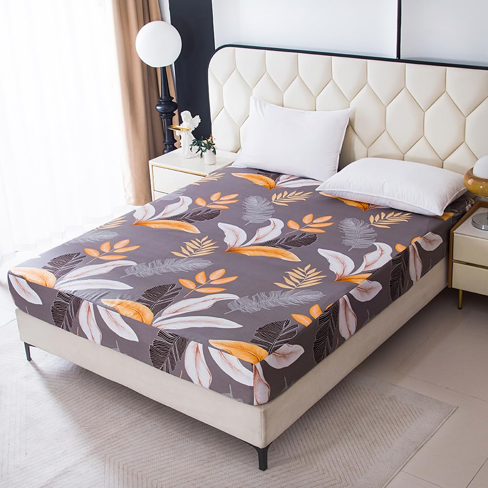 NATURETY Bedding Fitted Sheet with Deep Pocket,Grey Leafs Printed Thicken Fabric Bed Sheets (Light Gray, Queen)
