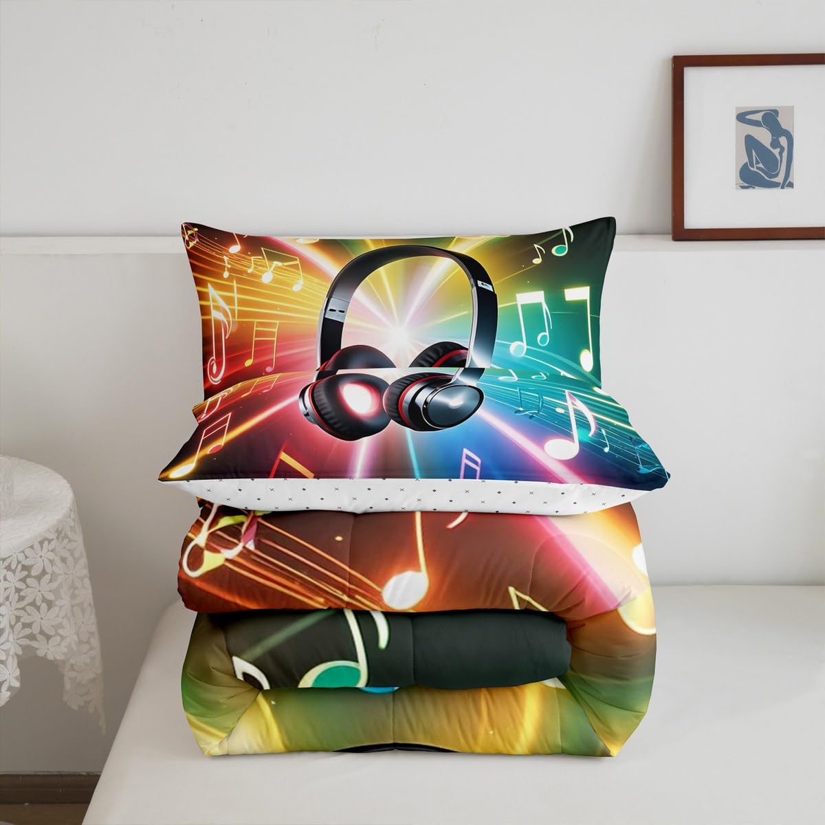Erosebridal Headphone Comforter Set, Musical Note Hipster Bedding Set for Kids Boys Girls Teens, Rock Hip Hop Grunge Style Duvet Set Headset Bling Bedding Comforters Bedroom Decor, Twin Size