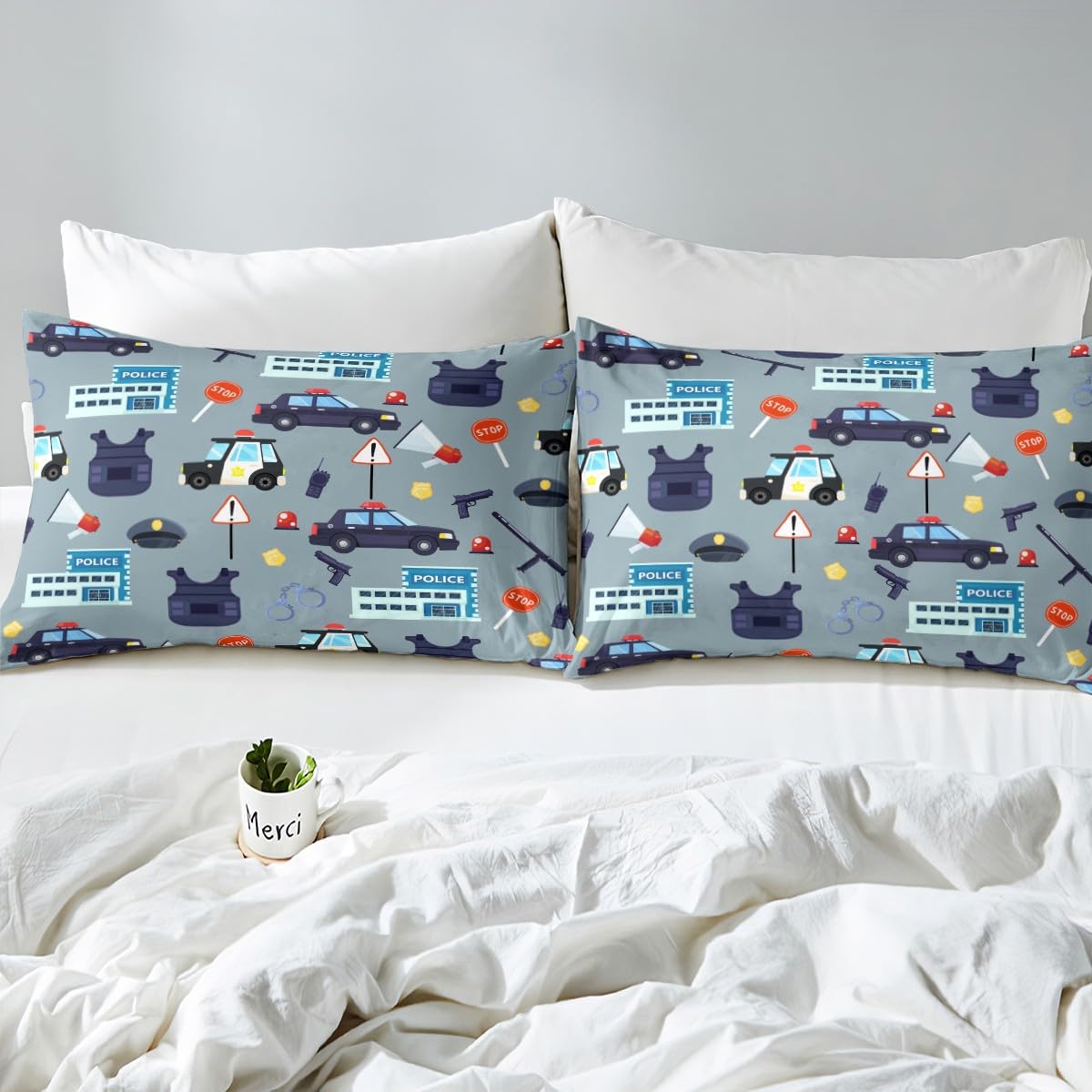 Manfei Cartoon Police Cars Kid Fitted Sheet Twin Size,American Police Office Policeman Bedding Set,Girls Boys Men Room Decor,Western Theme Bed Cover,Blue Fashion Bed Sheet,1 Pillowcase,No Top Sheet