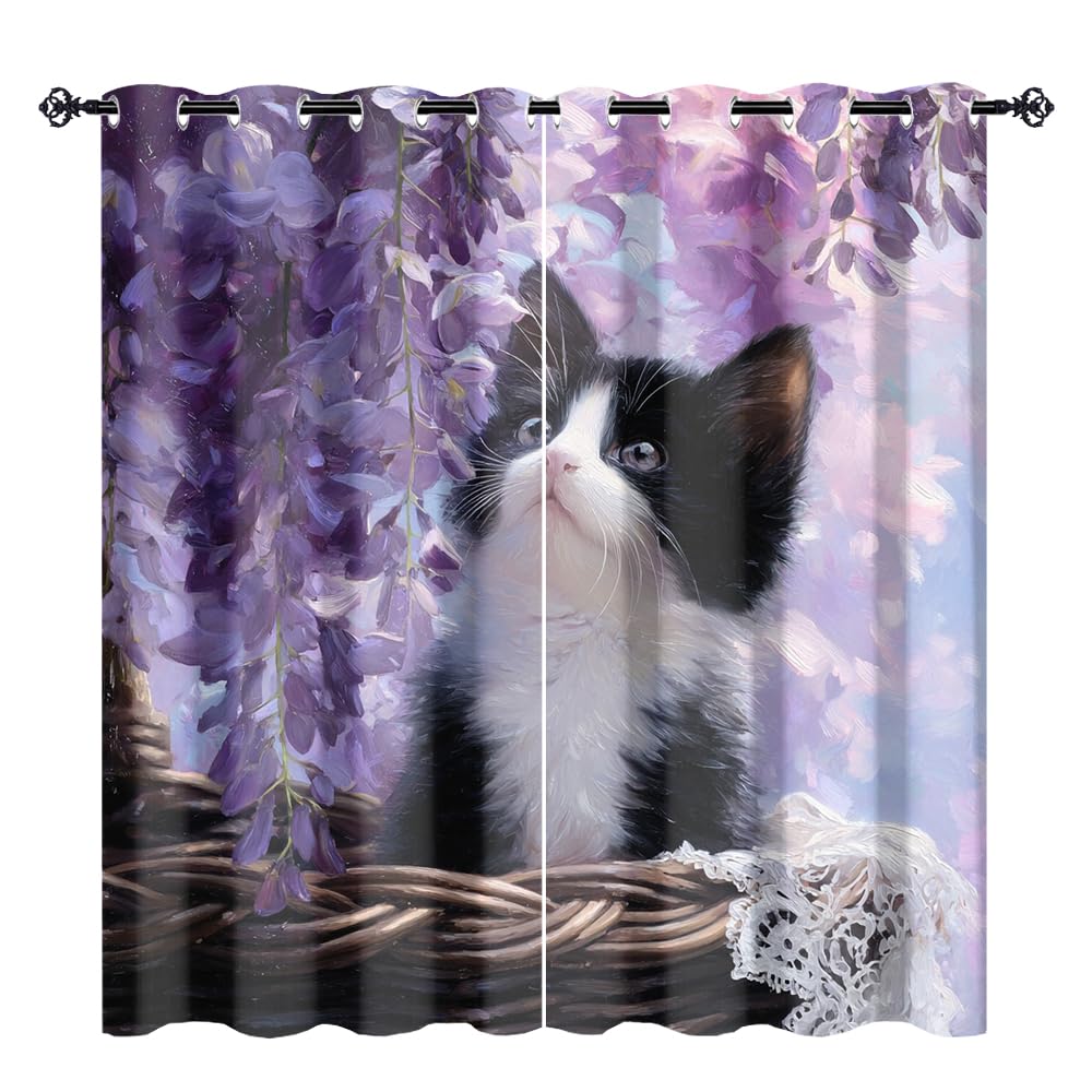 XSUPFLYM Colorful Beautiful Cute Kitten Window Perforated Curtains Funny Watercolor Spring Garden Lilac Flowers Animal Cat Thermal Curtains Suitable for Bedroom Living Room 2 Panels.Each 21"W x 45"L