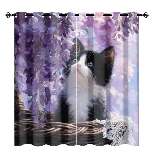 XSUPFLYM Colorful Beautiful Cute Kitten Window Perforated Curtains Funny Watercolor Spring Garden Lilac Flowers Animal Cat Thermal Curtains Suitable for Bedroom Living Room 2 Panels.Each 21"W x 45"L