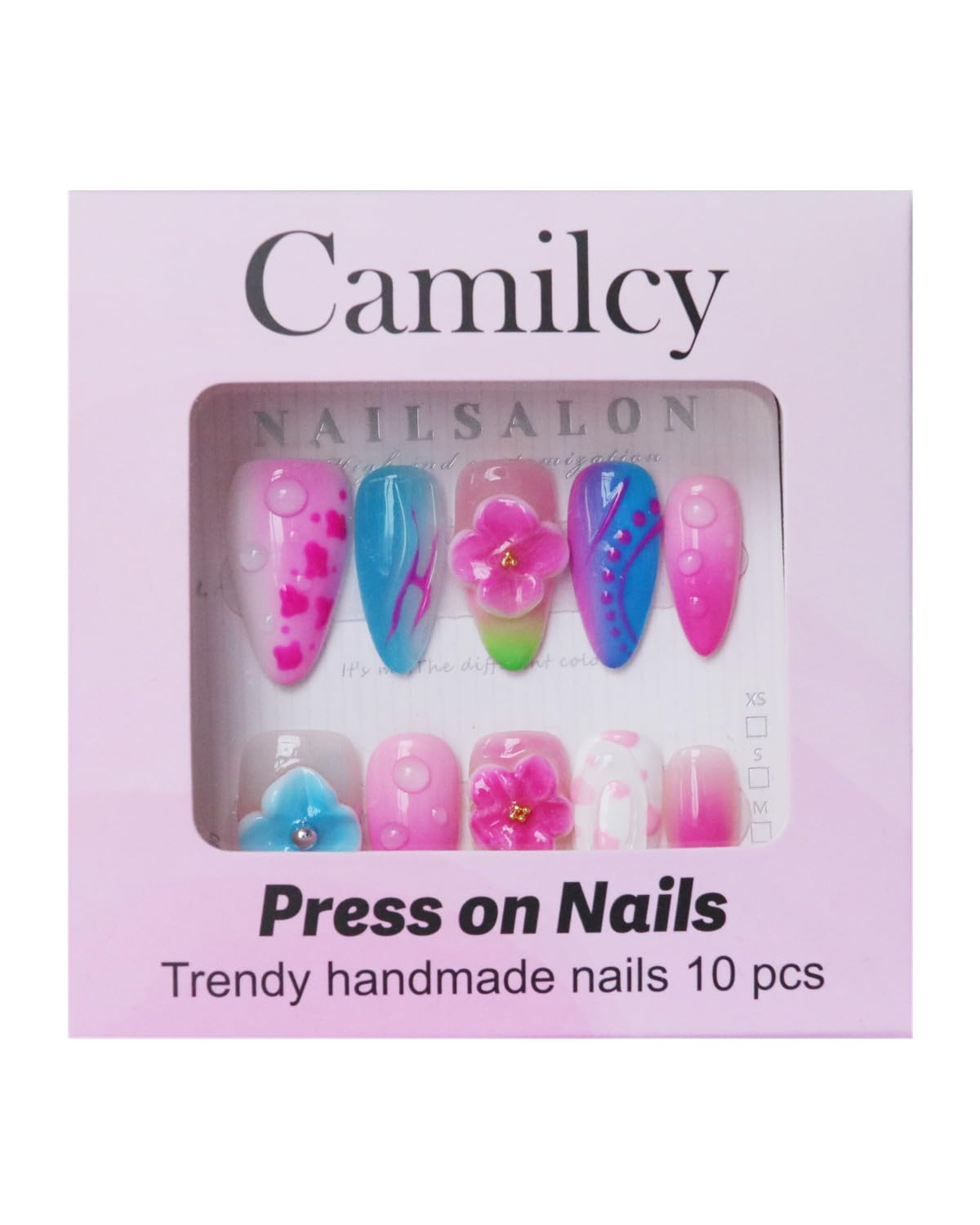 CAMILCY Luxury Handmade Press on Nails Almond Short 3D Floral Glossy Fake Nails Gradient Pink Blue Jelly Glossy Hand painted Reusable Salon Quality Acrylic Nails for Women 10pcs (A147, M)