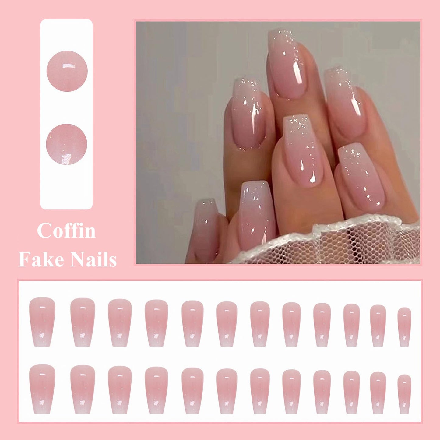 MISUD Press on Nails - Long Coffin Fake Nails with Pink White Ombre, Acrylic Bling Glitter Design 24 pcs
