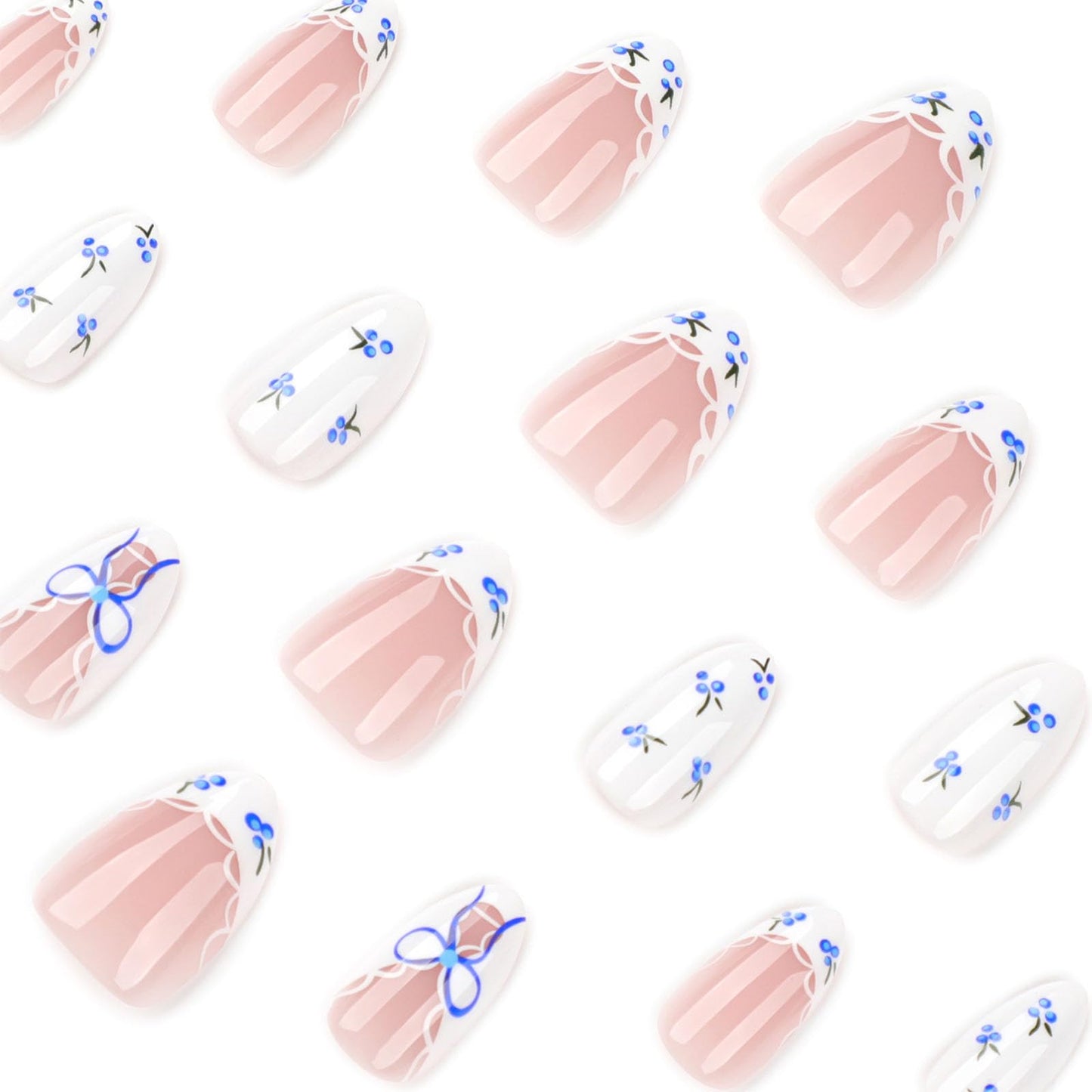 French Tip Press on Nails Short Almond Fake Nails Blue White Stick on Nail Flower Lace Glossy Reusable Full Cover with Adhesive Glue Artificial Nail Women Manicure 24Pcs