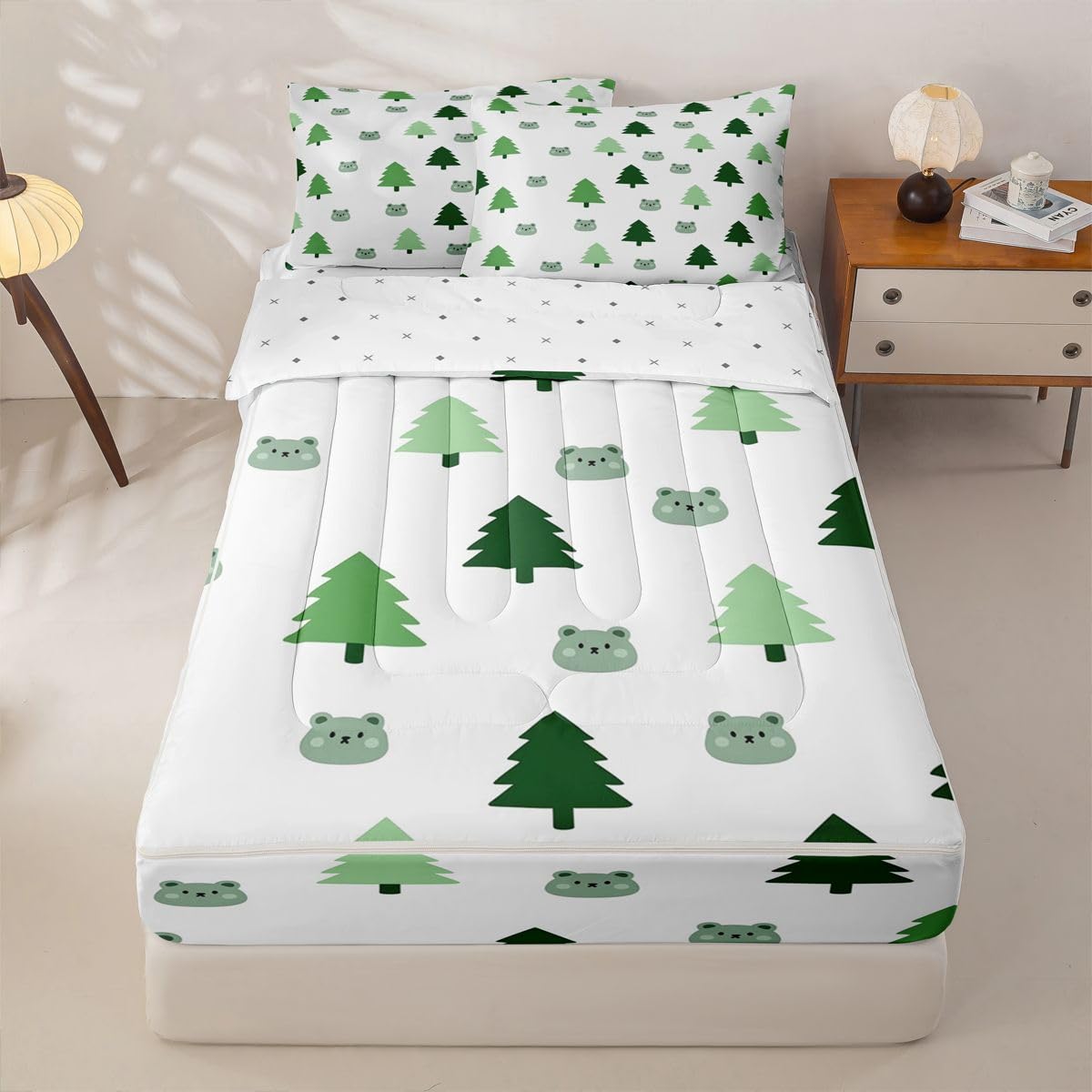 jejeloiu Cute Bear Zipper Bedding Cartton Tree Comforter Set for Kids Boys Girls Twin Size Green White Zippered Kids Bedding Set Ultra Soft Cute Wild Animal Bed in a Bag