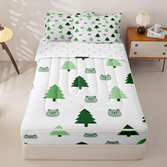 jejeloiu Cute Bear Zipper Bedding Cartton Tree Comforter Set for Kids Boys Girls Twin Size Green White Zippered Kids Bedding Set Ultra Soft Cute Wild Animal Bed in a Bag