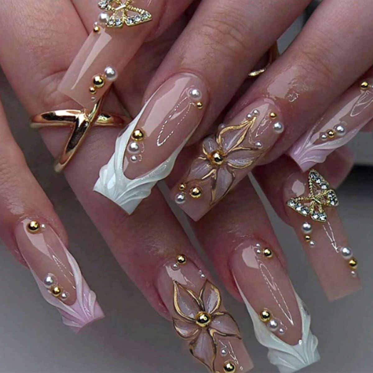 plalely Press on Nails Square Medium Gold Embossed Flowers Acrylic Press on French Tip Nails with 3D Charms Design Square Nail Press Ons for Women 24pcs