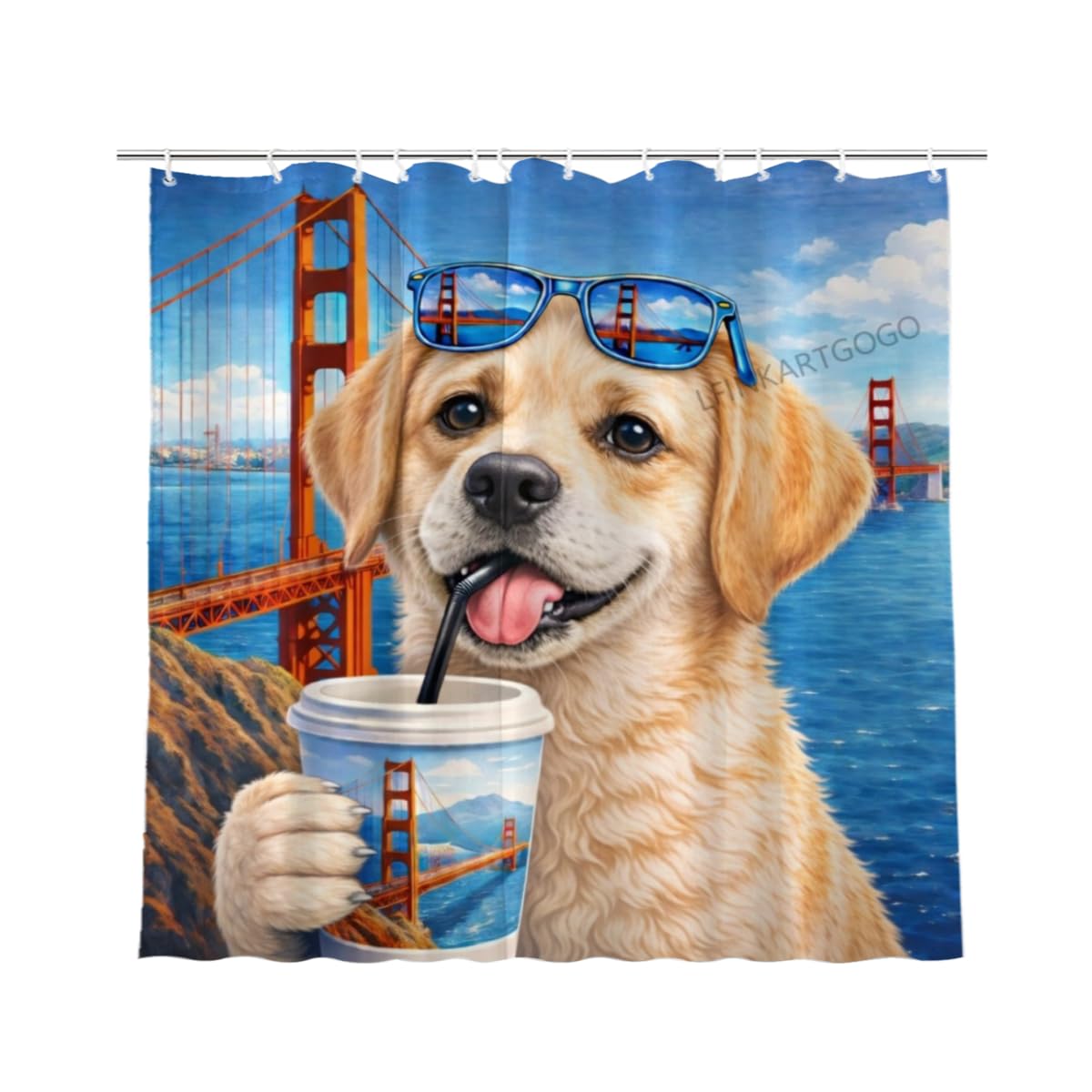 LFINKARTGOGO Golden-Gate-Bridge Labrador Retriever Shower Curtain 72x72 Inch with 12 Hooks Coastal Cityscape Bathroom Decor Cute Puppy Waterproof Washable Polyester Bath Curtain