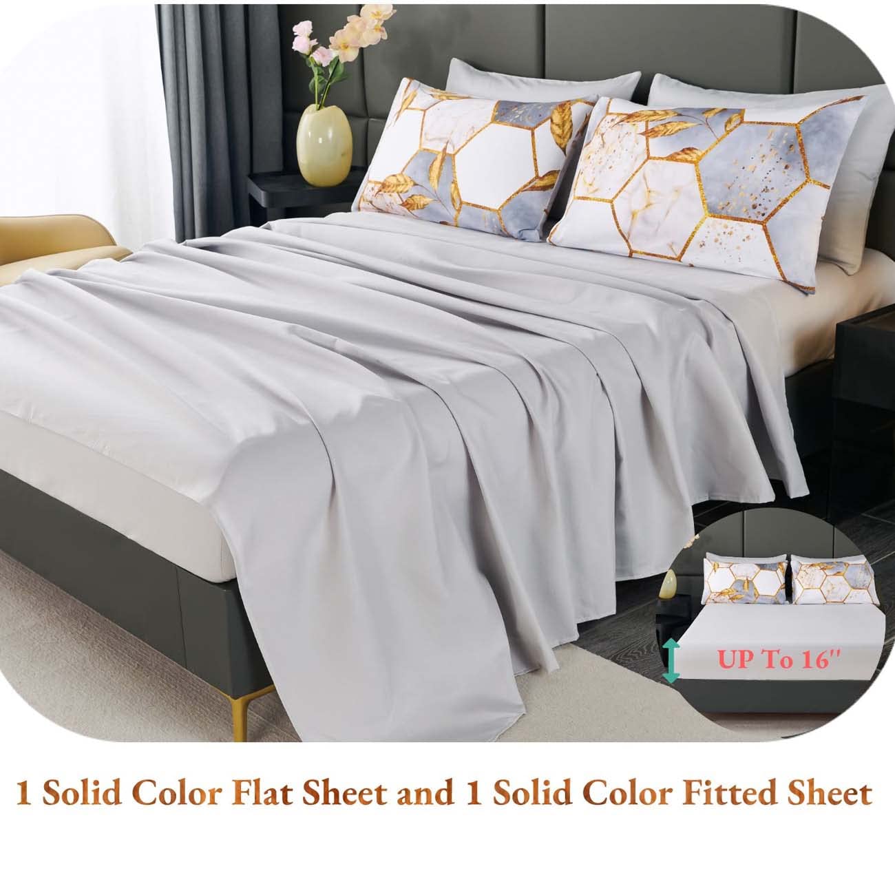 ANGIYUIN 7 Pieces White Gold Comforter Set Full Geometric Foil Print Bed Set Marble Hexagon Bedding Sets Ultra Soft Honeycomb Bed in A Bag for All Season (White Full)
