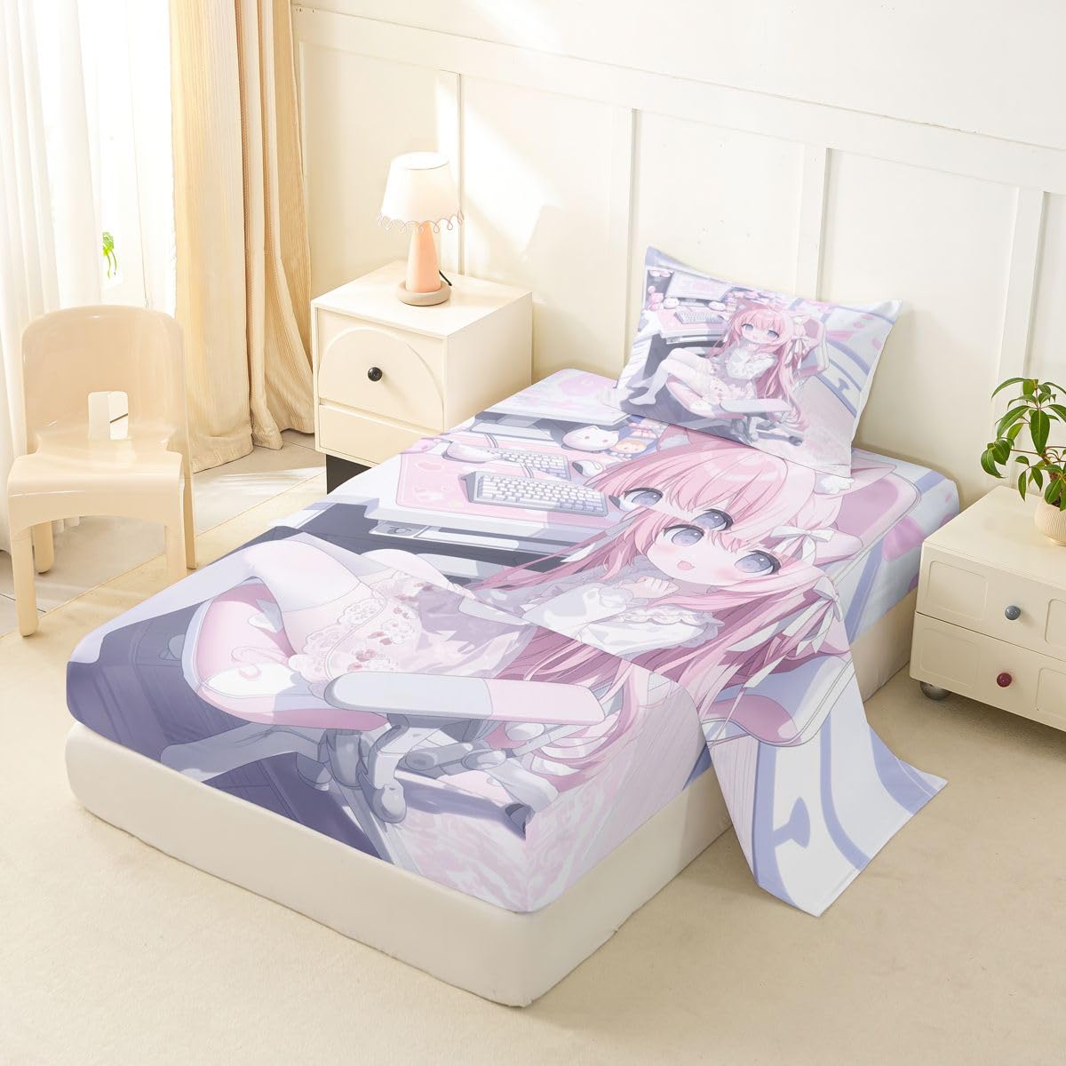 Erosebridal Kawaii E-Sports Girl Sheets Twin for Kids 3D Japanese Girl Sheet Set for Boys Girls Girly Gaming Bed Sheets Set Anime Gifts for Her Top Fitted Sheet Twin 3 Pieces