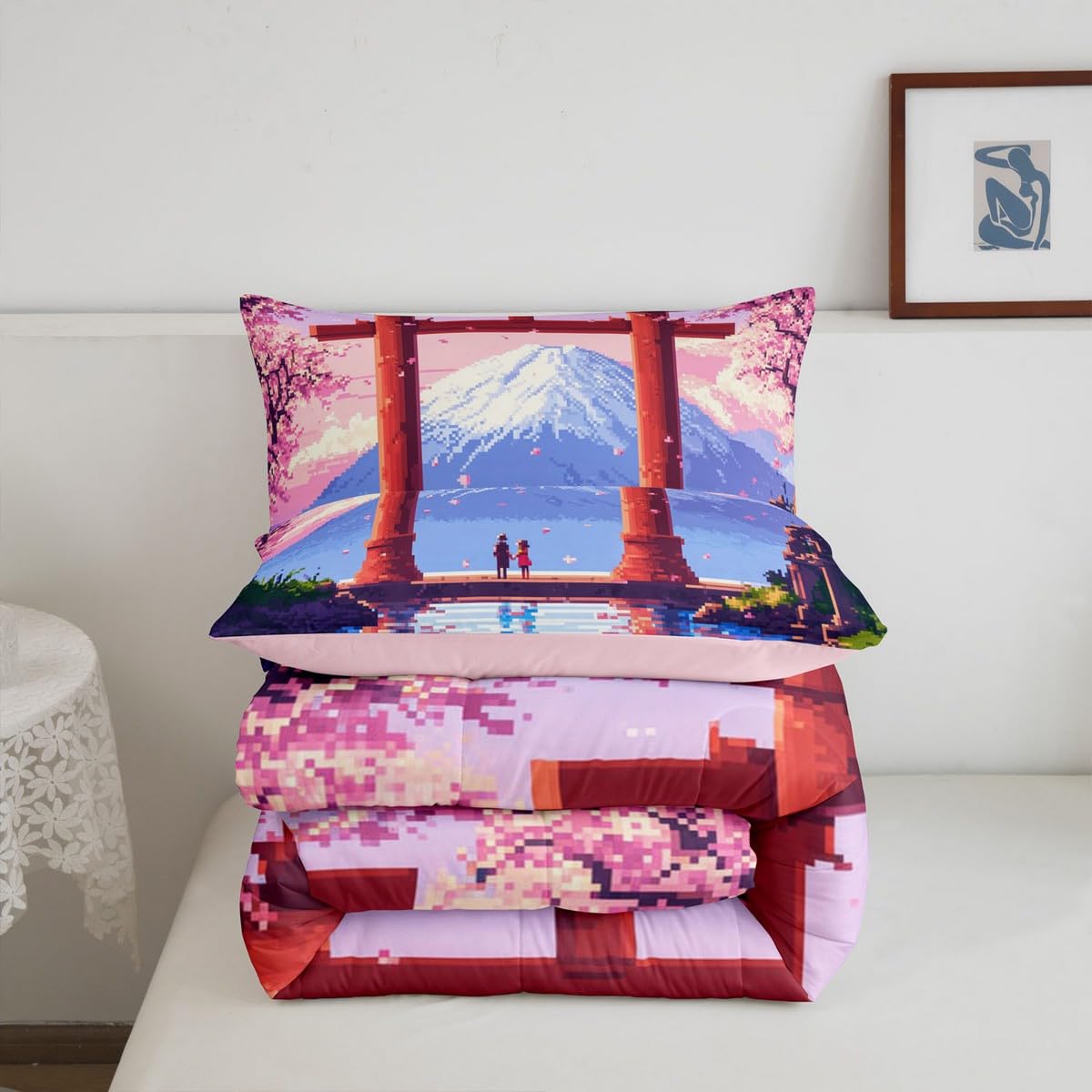 jejeloiu Pink Japan Bedding Set 2Pcs Twin Size Kids Anime Mount Fuji Comforter Set for Boys Girls Pixel Duvet Quilt Soft Lightweight,Microfiber