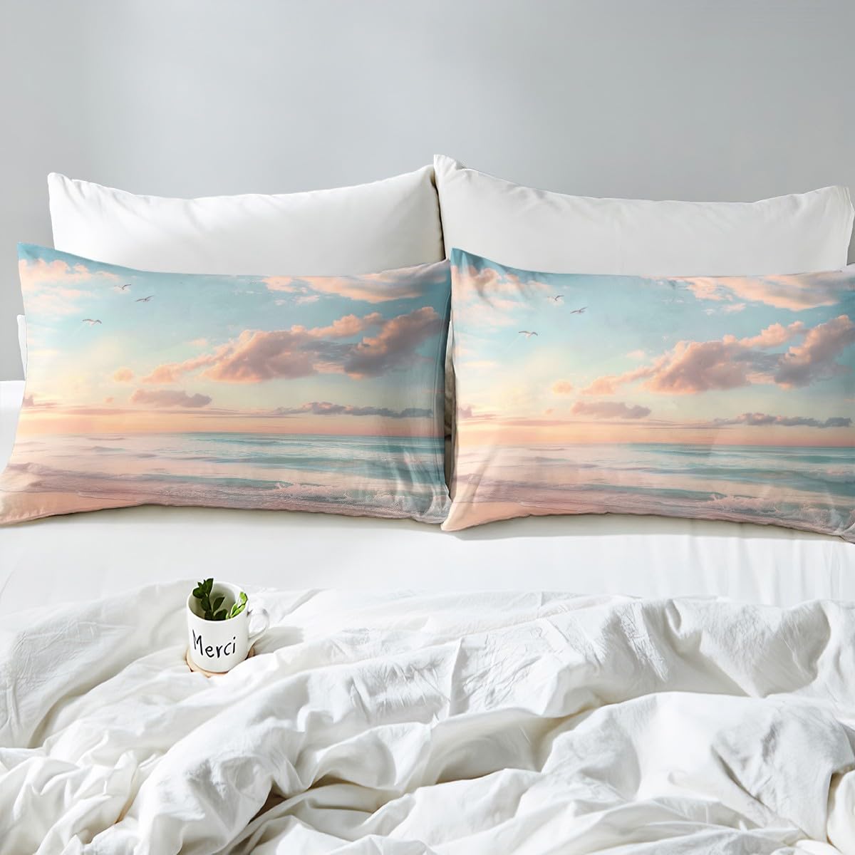 jejeloiu Beach Theme Fitted Sheet Full Size Kids Summer Ocean Wave Bed Sheets Set for Boys Girls Teens Sea Marine Coastal Natural Scenery Bedding Set Room Decor