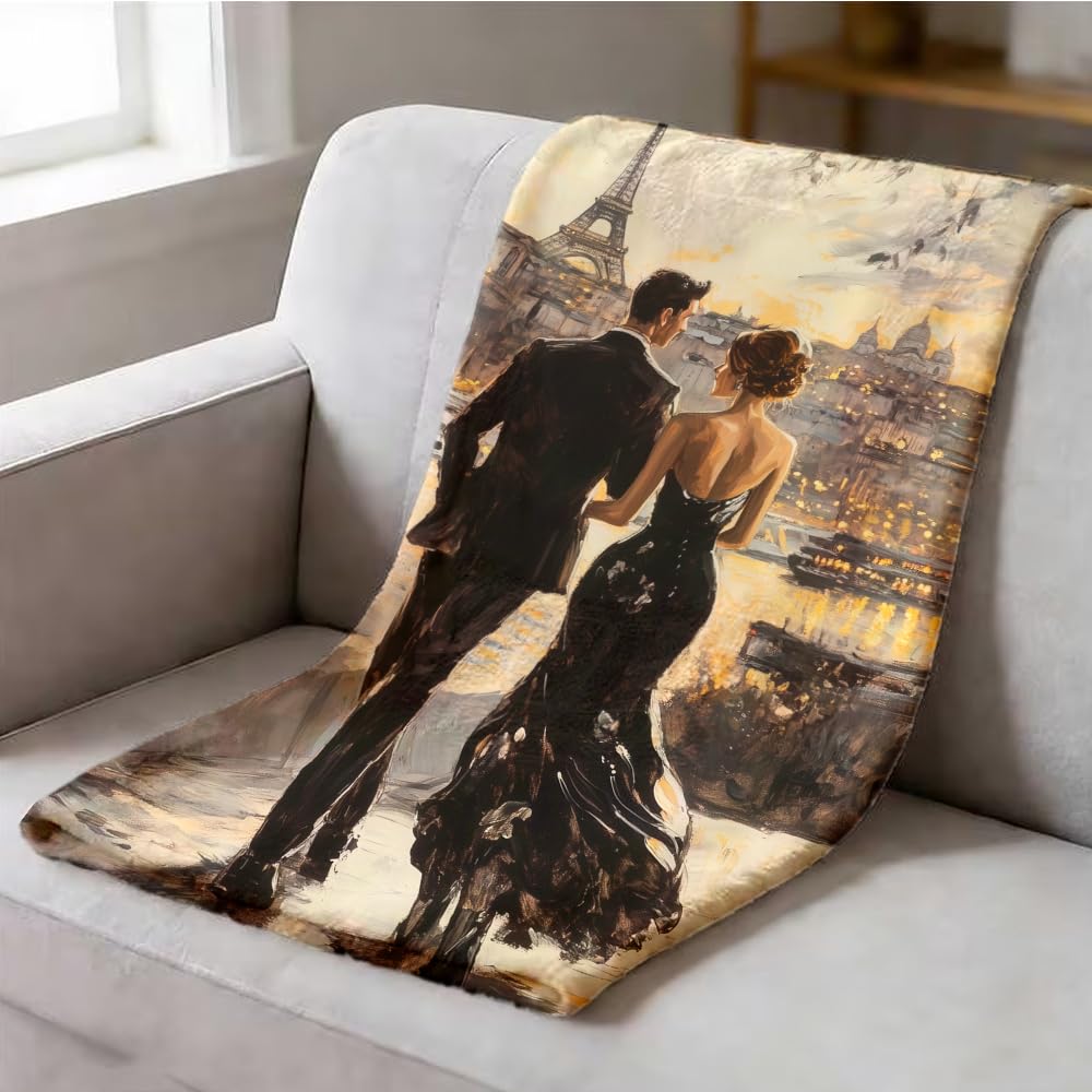 ZHOUSHUTONG Eiffel Tower Throw Blanket Romantic Paris Couple Print Super Soft Warm Cozy Flannel Blanket for Couch Bedroom Sofa Office Anniversary Valentine‘s Day Home Decor Gift 49"x59"