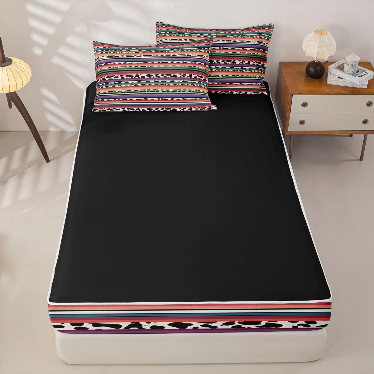 Rainbow Striped Zipper Bedding Set Queen Zip Up Bedding Purple Pink Cow Print Comforter Set with Sheets for Boys Girls,Black and White Cowhide Bed in a Bag Bull Farm Animals Western Bed Sets