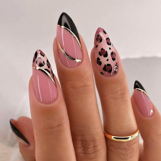 IMSOHOT Press on Nails Almond Medium, Brown Leopard Print Fake Nails Set, Glossy Full Cover Acrylic Glue on False Nails for Women 24Pcs Fall French Manicure