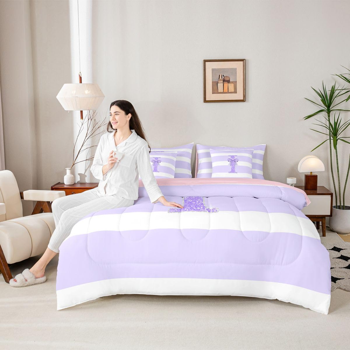 Erosebridal Monogram Letter I Kids Bed in A Bag Purple Bow Initial Letter Comforter Set Full Size Modern Aesthetic Stripes 7 Piece Bedding Set for Girls Teens Women Kawaii Glitter Bowknot Bed Sets