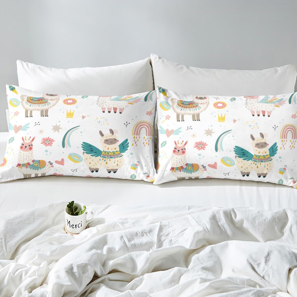 Feelyou Llama Alpaca Fitted Sheet Kids Cute Llama Donuts Bedding Set Cartoon Llama Alpaca Bed Sheet Set for Boys Girls 3D Animal Theme Bed Cover Children Sweet Dessert Room Decor Twin Size