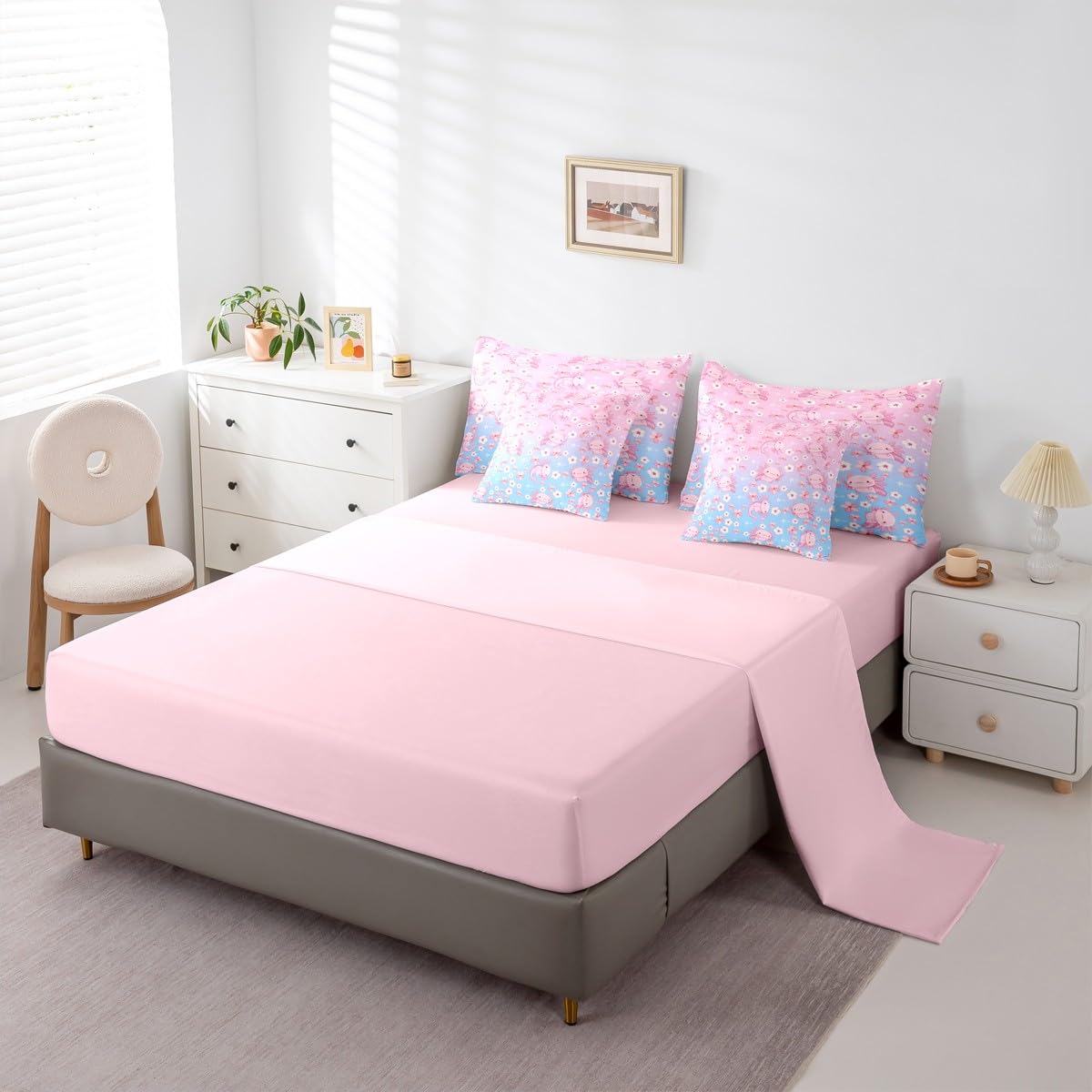 Erosebridal Axolotl 7 Piece Bedding Set King Ombre Comforter Set with Sheets Cherry Blossoms Cartoon Salamander Bed in a Bag Kawaii Pink Blue Ombre for Kids Boys Girls