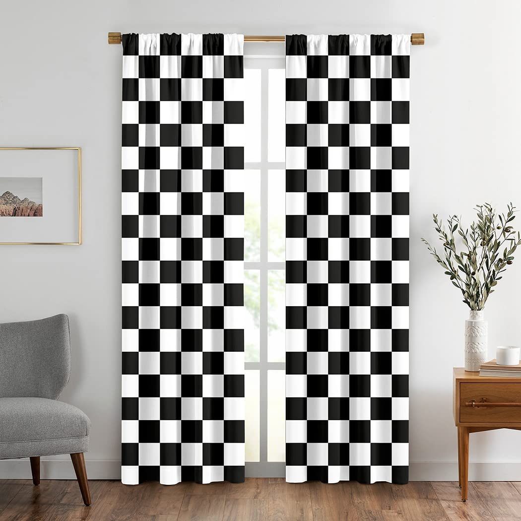 Black and White Window Drapes Curtain Checkered Flag Racing Race Car Line Rod Pocket Drapes Curtain for Living Room Home Decor 26x84 Inches 2 Panels