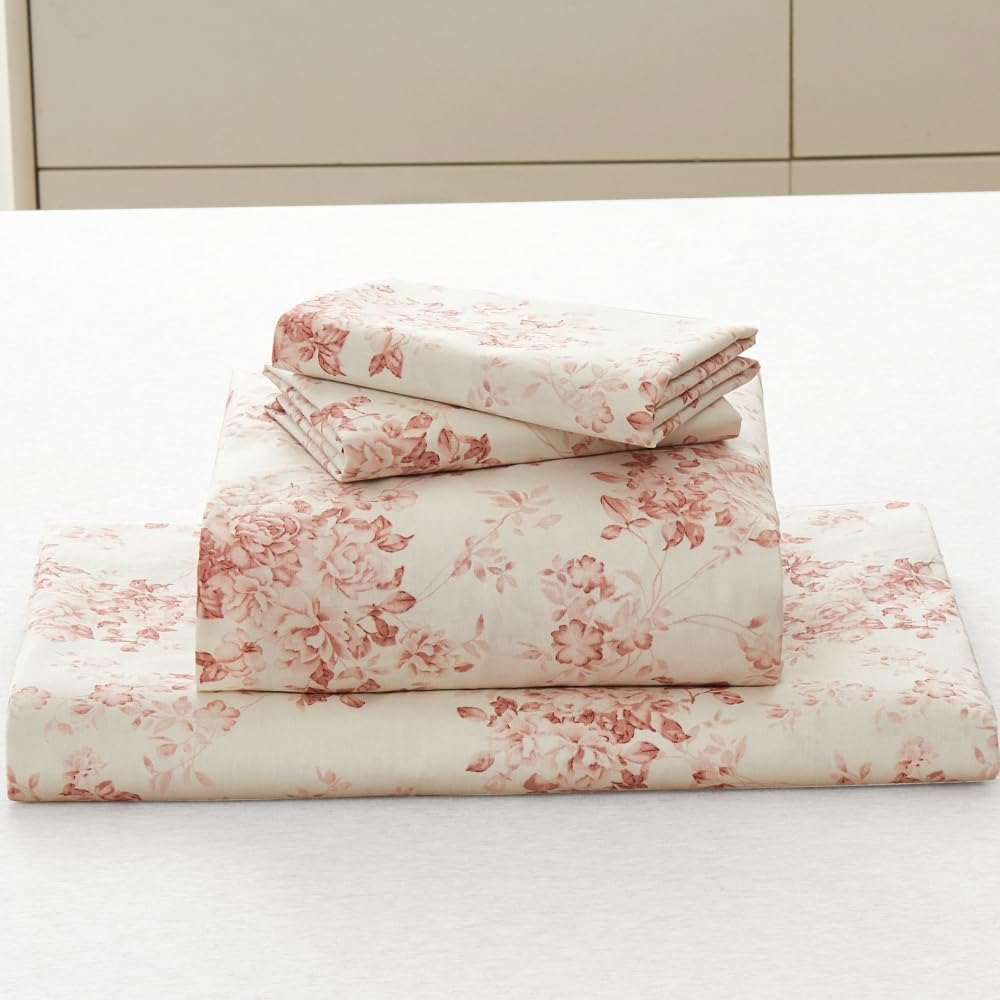 DAUAOTO 100% Cotton Bedding Printed Sheets Set for Full Size Bed Up to 14" Deep Mattress, Toile Rose Floral Pattern Bedlinen Sets, Pale Red