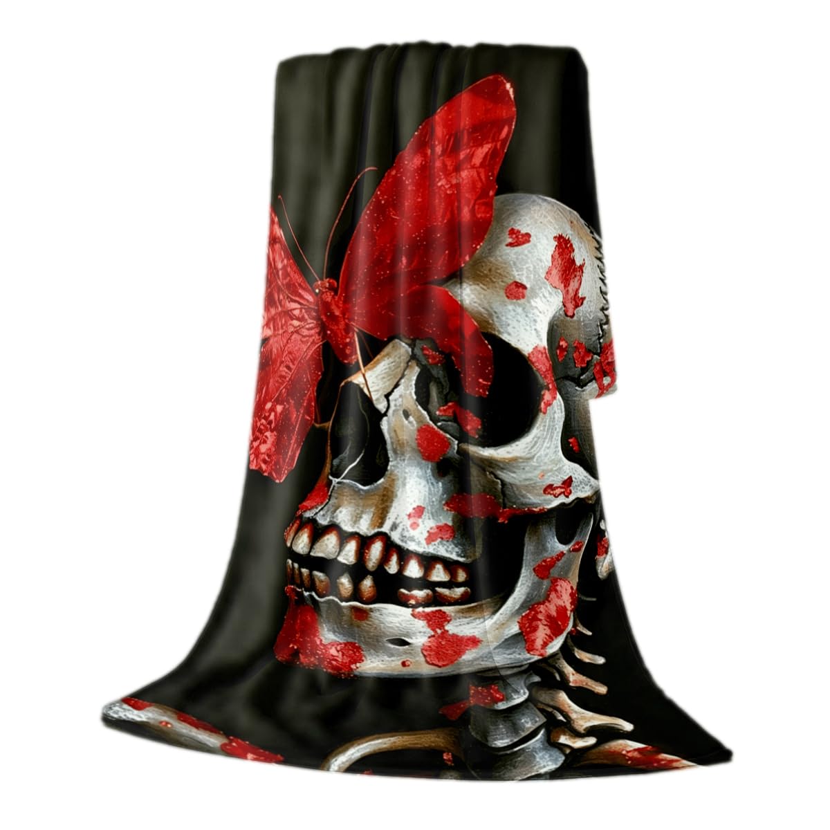 HUNXIAOJ Skull Butterfly Blanket Gifts Red Gothic Decor Butterfly Skeleton Throw Blanket Soft Flannel Skull Bedding for Couch Bed Living Room Home Halloween Decor 49"x59"