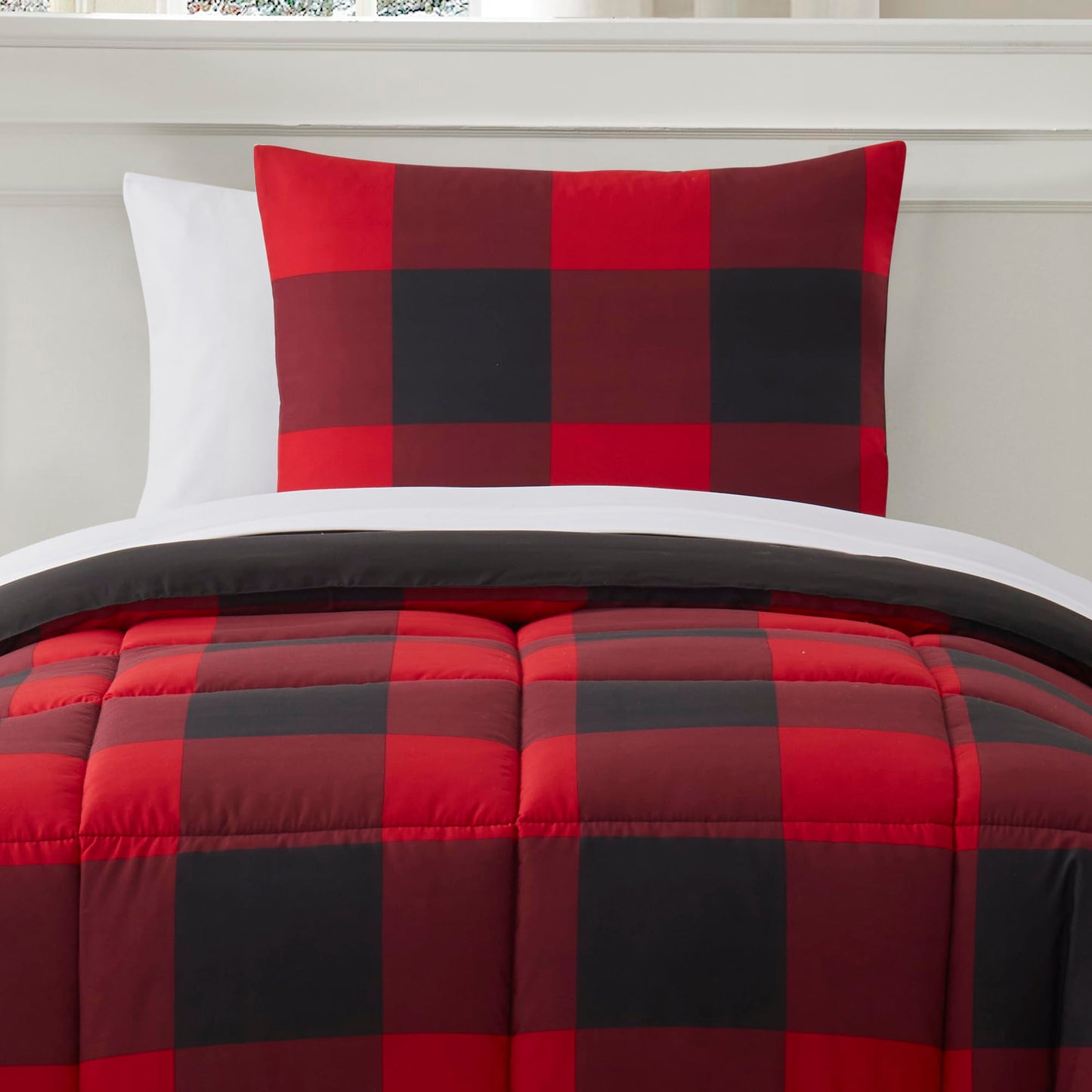 5 Piece Comforter Set Bed in a Bag Buffalo Check Christmas Print All Season Soft Down Alternative Bedding Comforter Set & Luxurious White Microfiber Bed Sheets, Twin, Buffalo Plaid Burgundy/Black