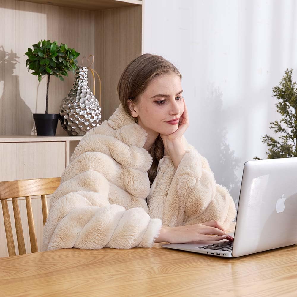 KayWing Faux Fur Throw Blanket: Beige Reversible Ultra Soft Rabbit Wide Strip Fleece - Luxury Fluffy Blanket for Sofa Bed Decor - Throw Size 50"x 60"