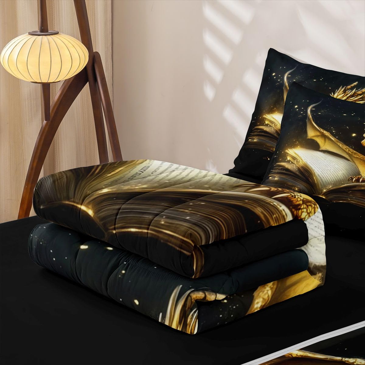 jejeloiu Gold Dragon Zipper Bedding for Kids Twin Size Ancient Wildlife Bed in a Bag with Sheets, Comforter, Pillowcases Flying Dragon Comforter Set for Boys Girls Fantasy Animal Beddingh Sets Durable