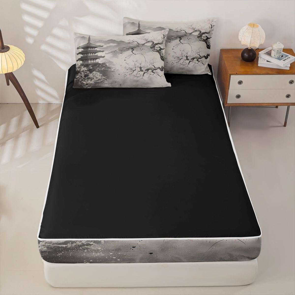 Erosebridal Grey Japanese Kids Comforter Set Full Ink Painting Style Cherry Blossom Zipper Bedding Sets for Boys Girls Teen Mountain Pavilions 3 Pcs Bed in a Bag Set Vintage Aesthetic Zip Up Bedding