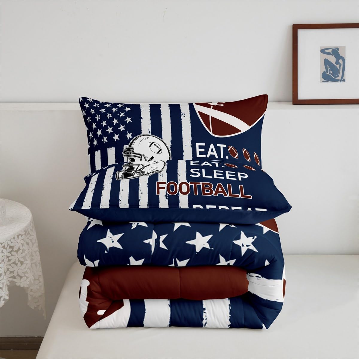 Feelyou Football Kids Boys Girls Bedding Set Queen Size Football City Themed Comforter Set Ultra Soft Rugby Helmet Comforter Flag Print Duvet Quilt Bedroom Decor Rugby Game Quilt