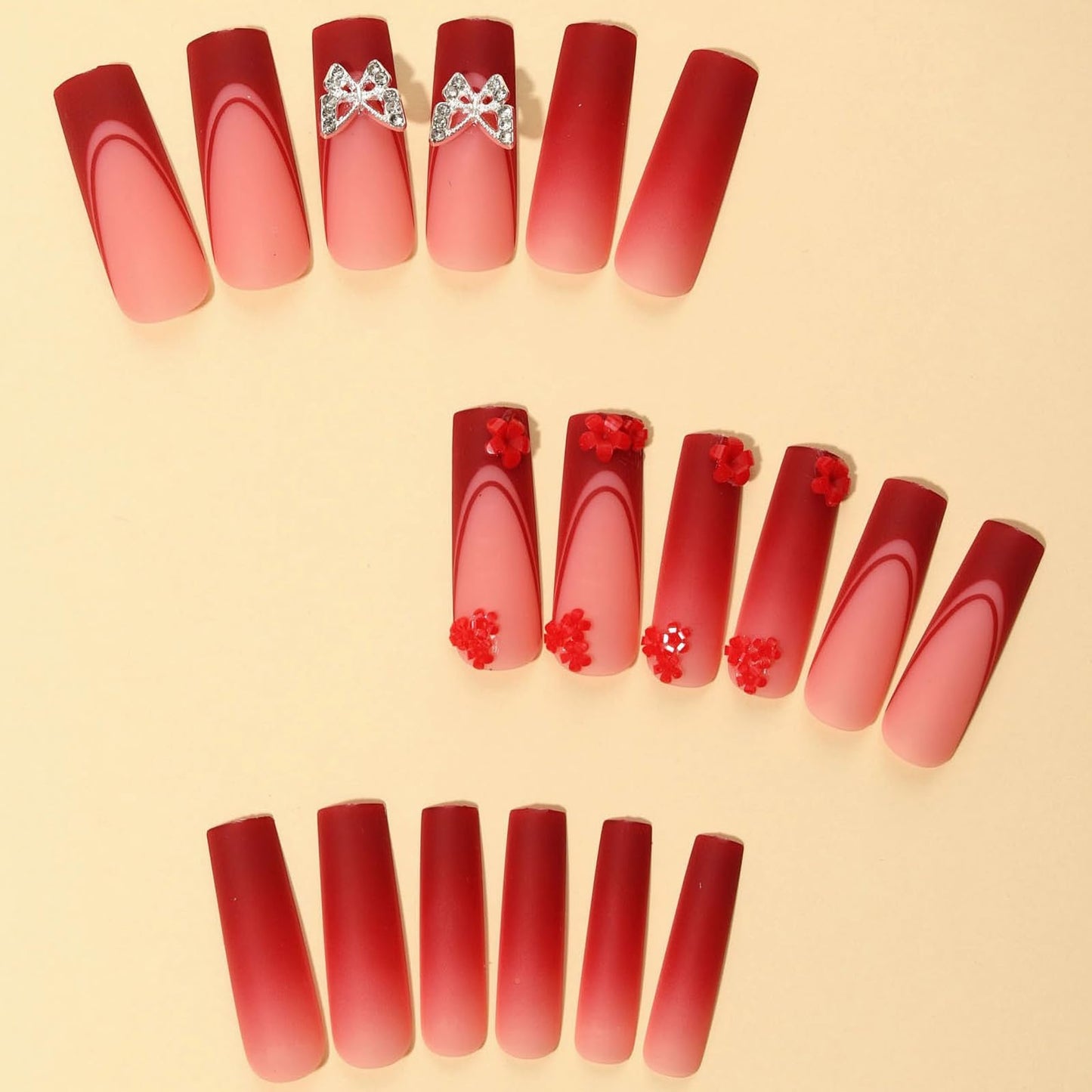 MISUD Press on Nails - Long Square Glue on Nails with Matte Red, Acrylic Flower Butterfly Design 24 pcs