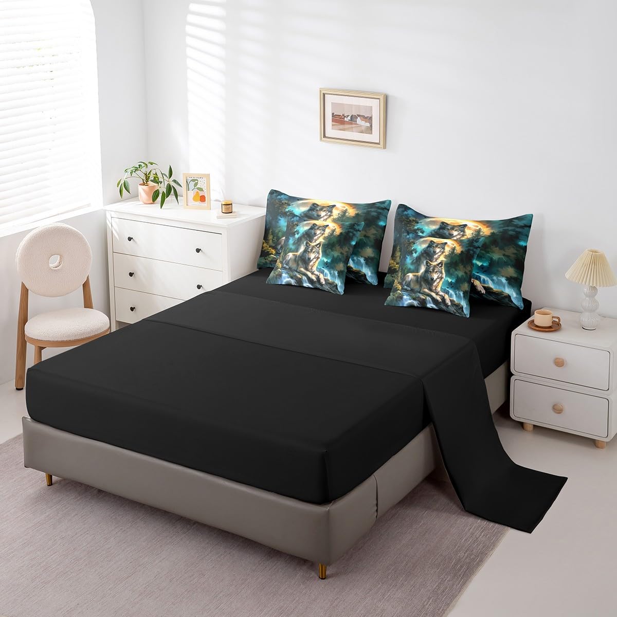 Feelyou Wolf 7 Pieces Bedding Set Queen Size Mountain Moon Wolves Comforter Set with Sheets for Kids Boys Girls Wild Animals Bed in a Bag Fantasy Wildlife Print Bed Set