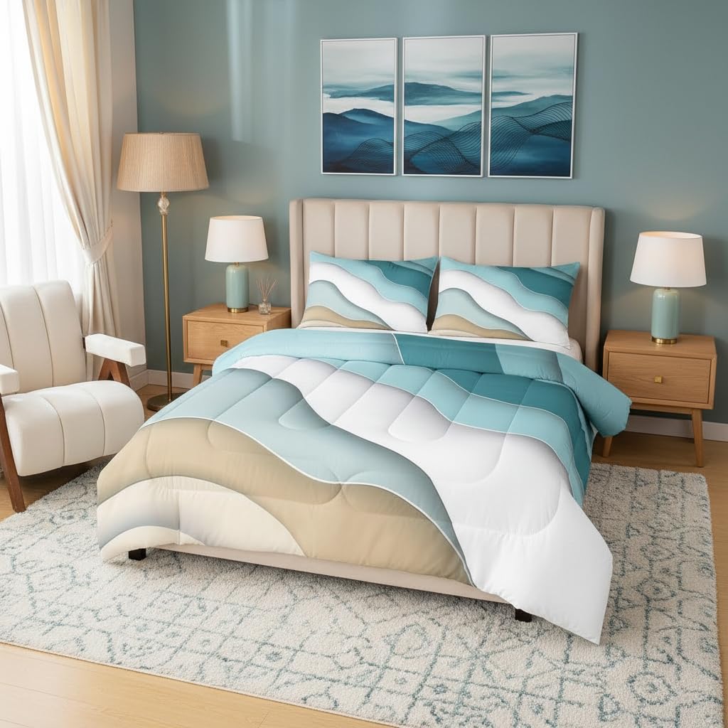 Abstract Ombre Comforter Set Ocean Waves Bedding Set Decor Blue Sea and Beach Quilt Set Tropical Summer Contemporary Duvet Insert Teens Kids Adults Room Decor 3pcs Queen Size