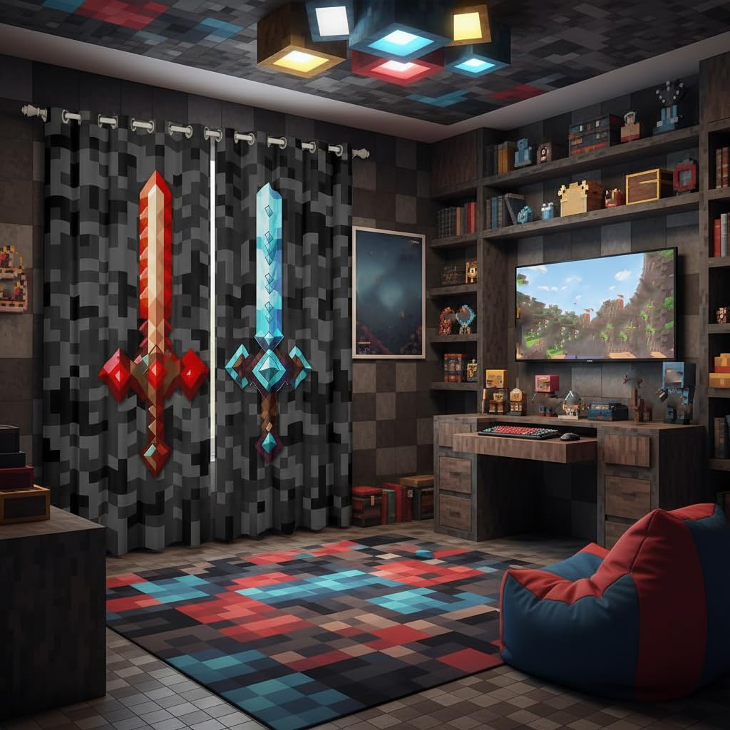 Castle Fairy Red Blue Sword Bedroom Decor Curtains,Sandbox Building Games Window Curtain,Kids Teens Pixelated Style Swords Window Treatment Grey Black Camo Blackout Drapes 2 Panels,38Wx54L
