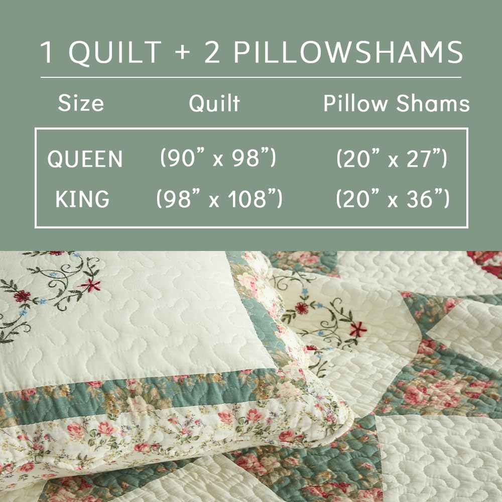 camandy Cotton Bedspread Quilt Bedding Sets, 3 Pieces Reversible Coverlets Comforters Star with Green Floral Real Patchwork Bedspread, King Size