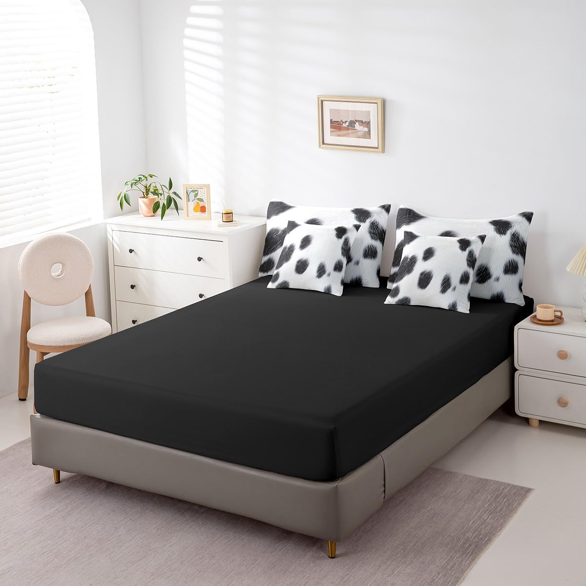 Erosebridal Cute Cow Print Kids King Bedding Set 7 Piece Cowhide Bed in A Bag for Boys Teens Adult Farm Animal Fur Comforter Set Farmhouse Wildlife Skin Sheets Lightweight Bedroom Decor