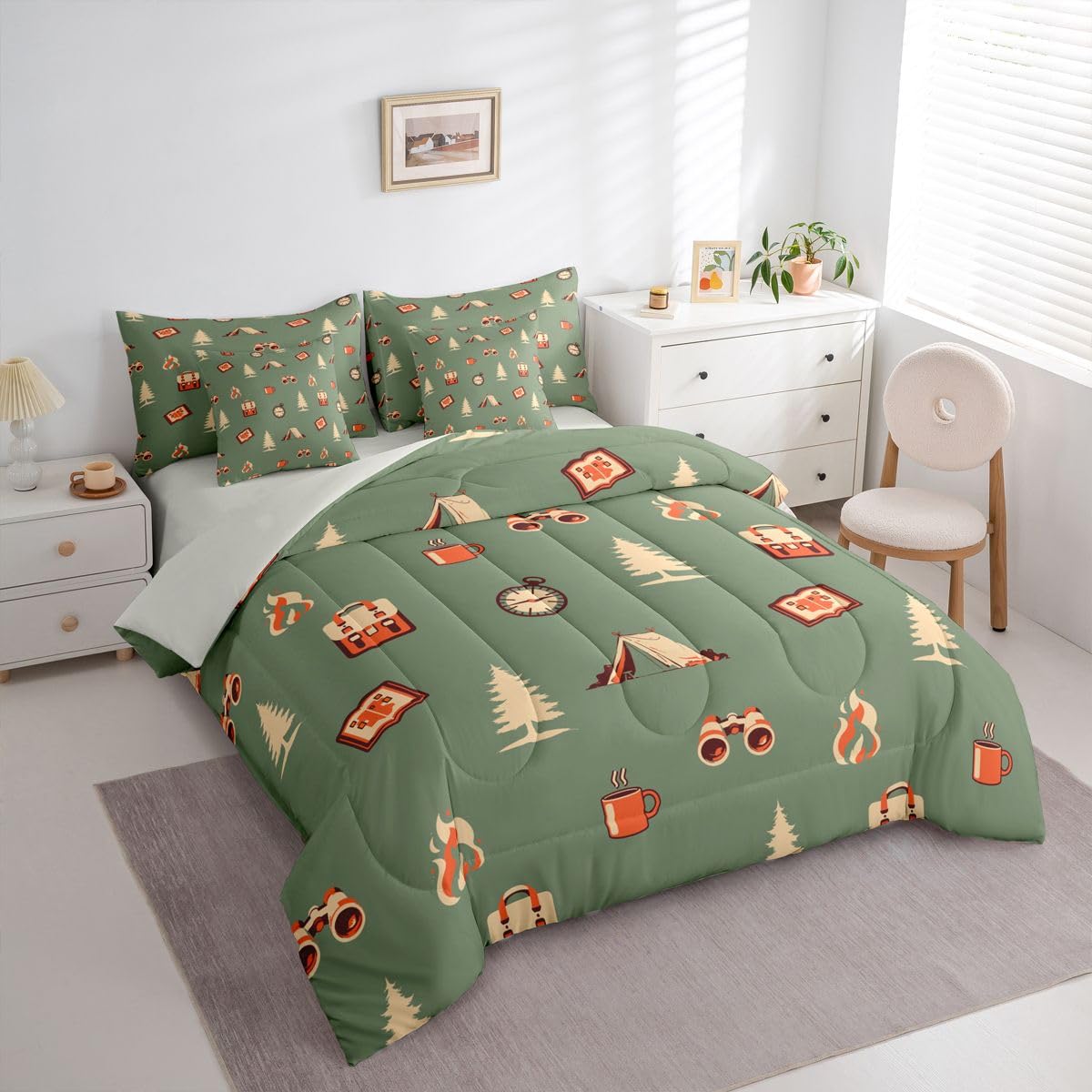 Camper Adventure Theme 7 Pieces Bedding Set Twin Size,Happy Camping Bed in a Bag,Cartoon Tent Travel Bag Bed Set Includes Comforter,Sheet Set,Pillowcases & Pillow Covers,Camping Lover Bedroom Decor