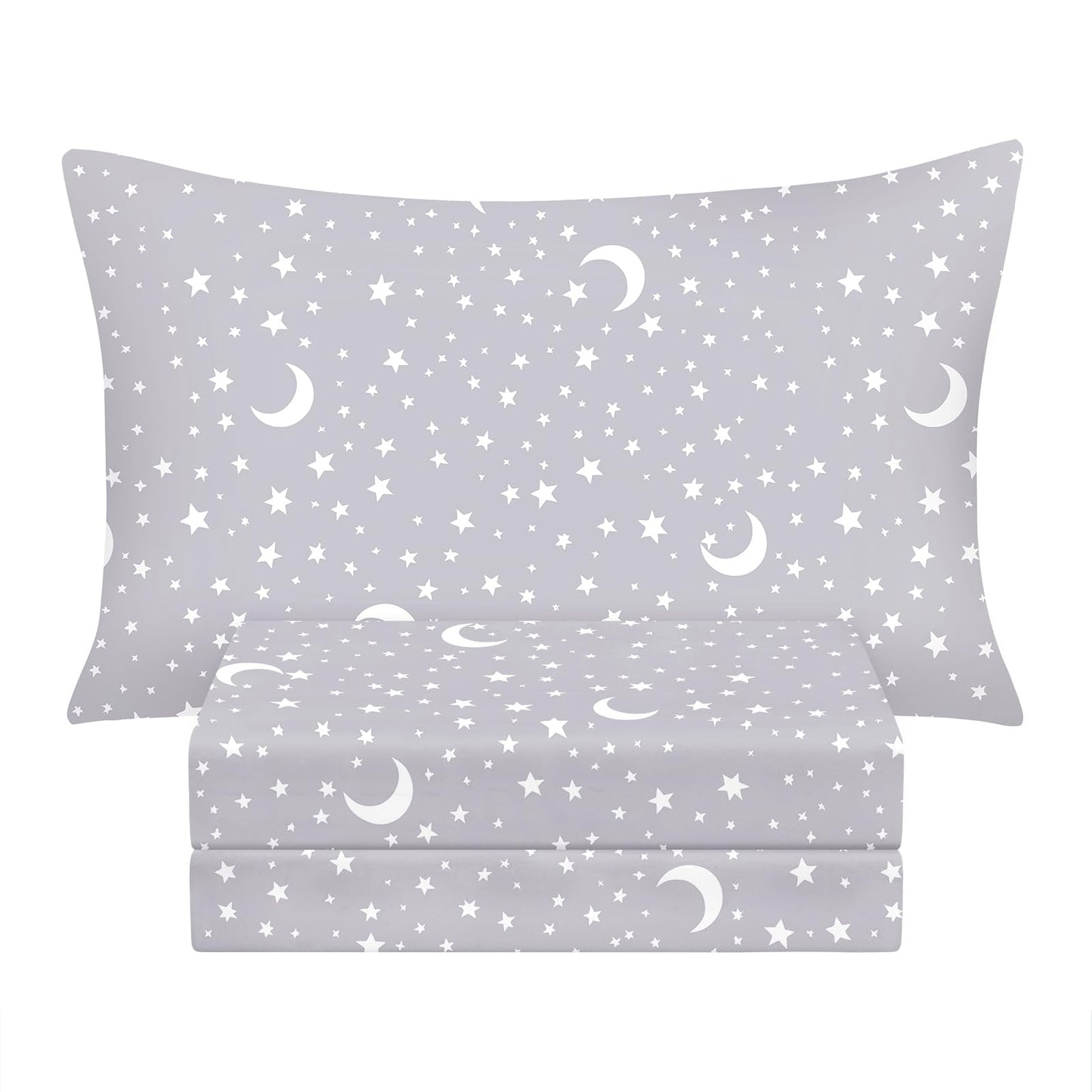 BYSURE Twin Sheets Set Kids(Moon&Stars, Light Grey), 3 Pieces Easy Fit Deep Pocket Sheets Set, Breathable Wrinkle-Free Microfiber Bedding for Children