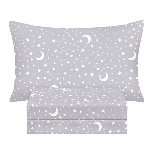 BYSURE Twin Sheets Set Kids(Moon&Stars, Light Grey), 3 Pieces Easy Fit Deep Pocket Sheets Set, Breathable Wrinkle-Free Microfiber Bedding for Children