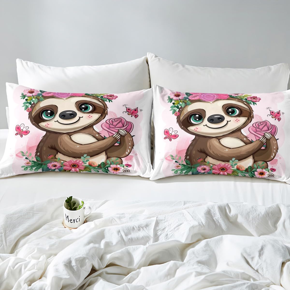 Feelyou Girls Sloth Bed Sheet Set for Kids Children Cute Animal Pattern Fitted Sheet Rose Floral Flowers Bedding Set Cartoon Sloth Butterfly Bed Cover Room Decor Twin Size