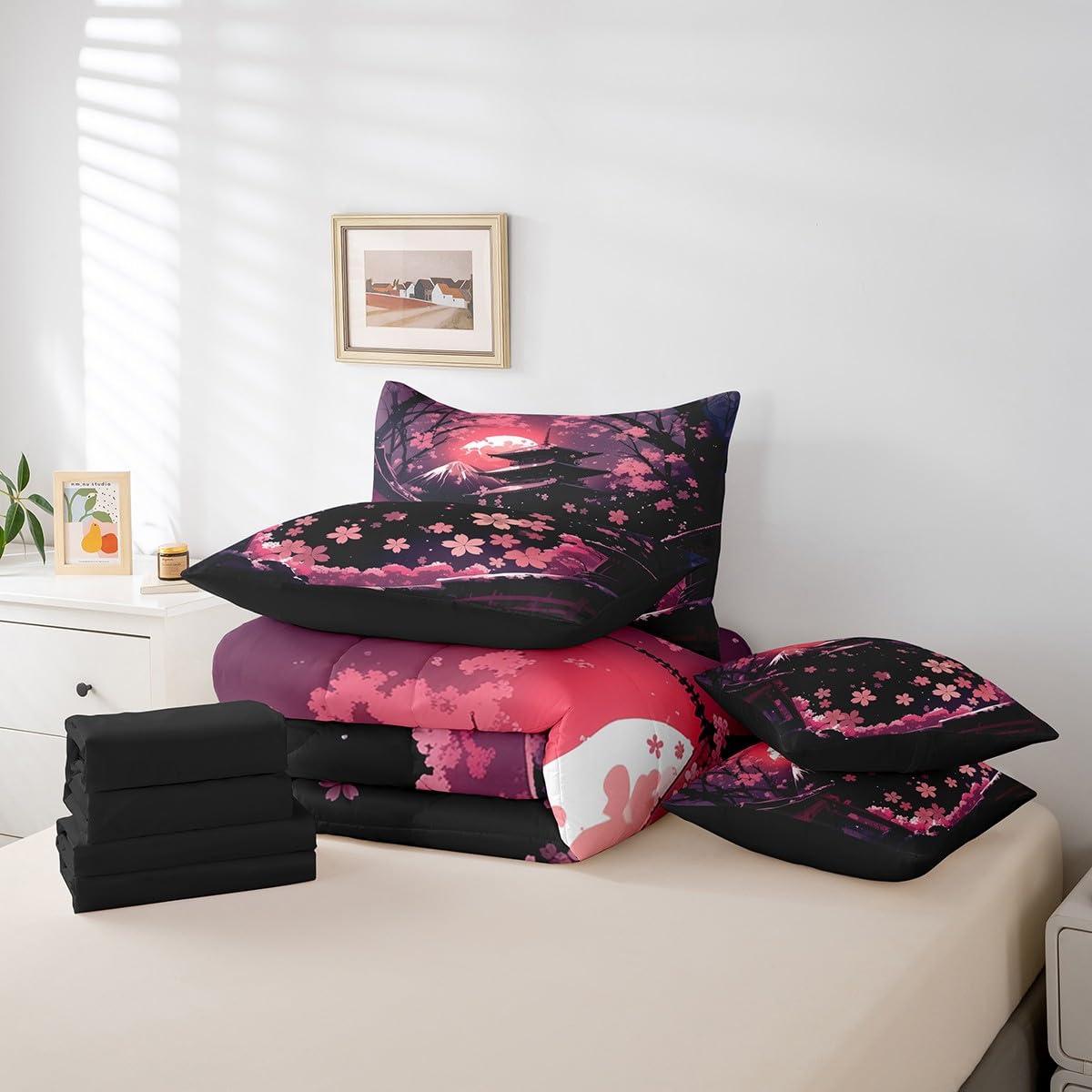 Erosebridal Pink Cherry Blossom Queen Comforter Set,Japanese Style Floral Bed Set 7 Piece for Kids Girls Women,Oriental Aesthetic Bedding Set Mountain Scene Bed in a Bag with Fitted Sheet,Flat Sheet