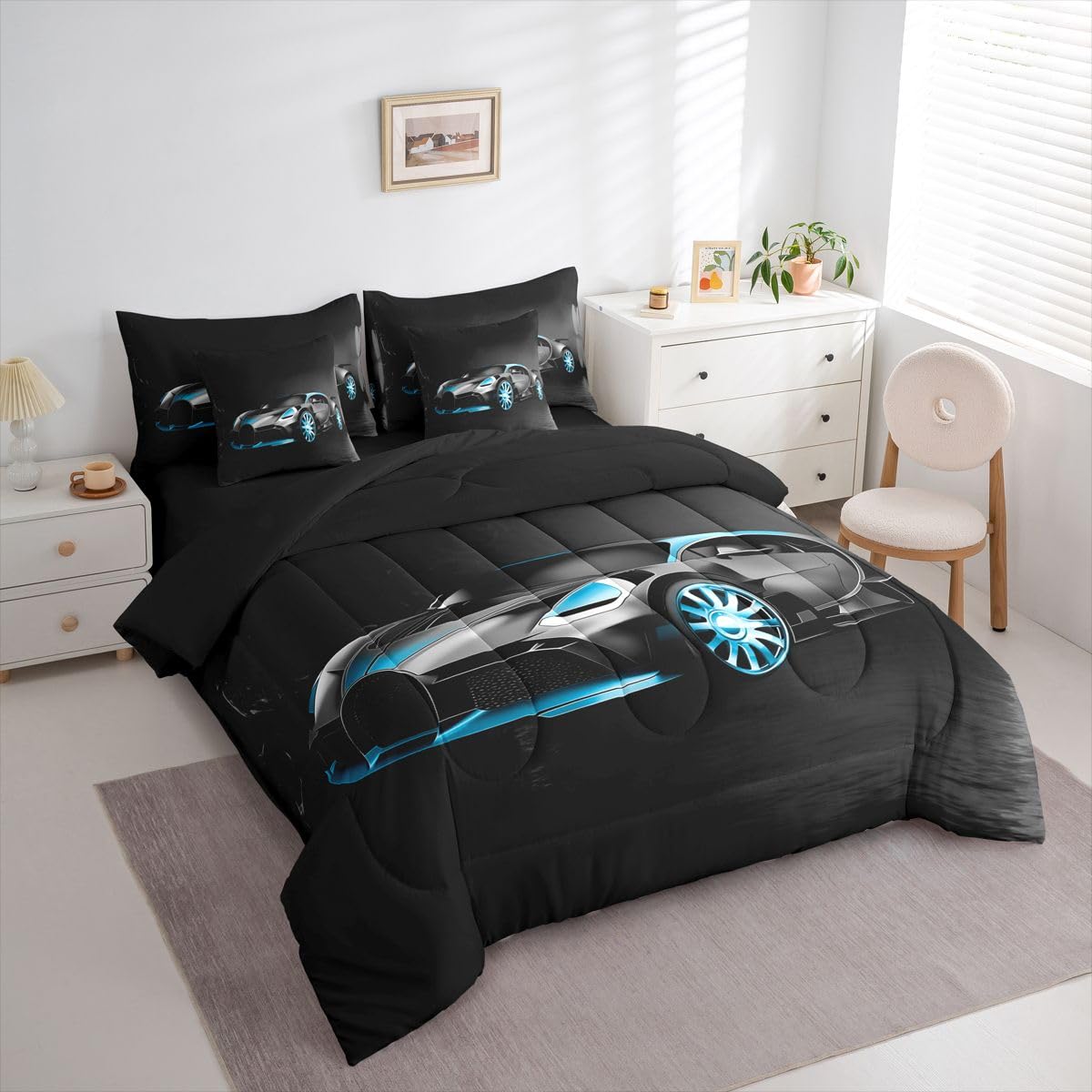 Sports Car 7 Piece Bedding Set Stylish Black Race Car Comforter Set with Sheets for Kids Boys Girls Extreme Sports Theme Bed in a Bag Cool Speed Luxury Car Decor Bed Set with 2 Pillowcases Queen