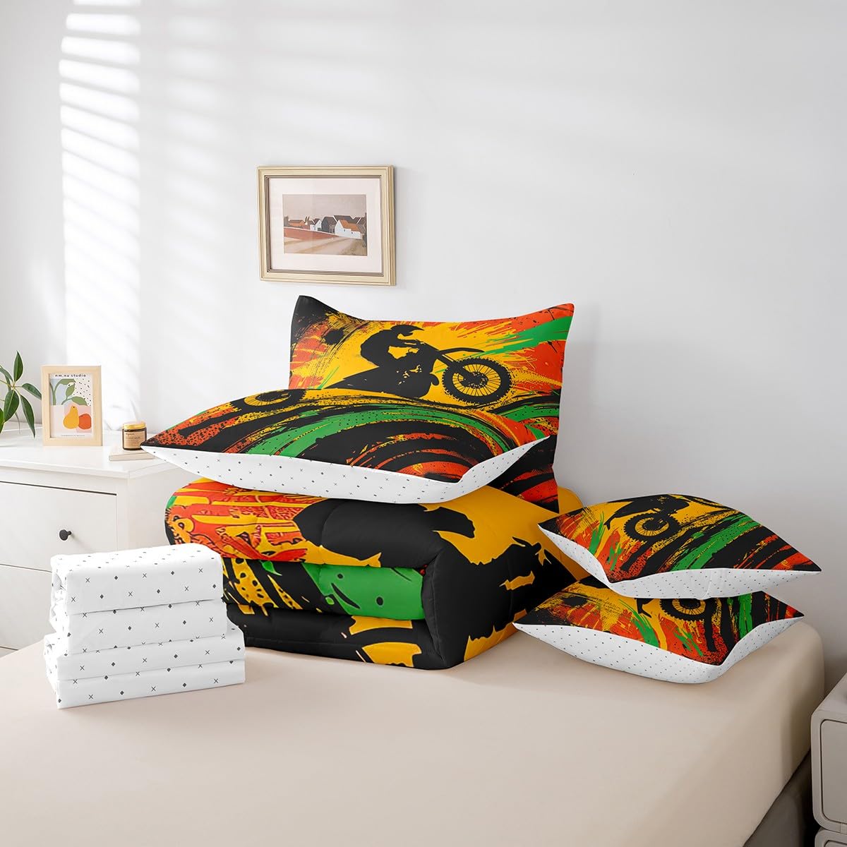 Erosebridal Motocross Rider 7 Piece Comforter Set Full Bed in a Bag,Extreme Sports Bedding Sets Motorcycle Dirt Bike Sheet Set with Comforter