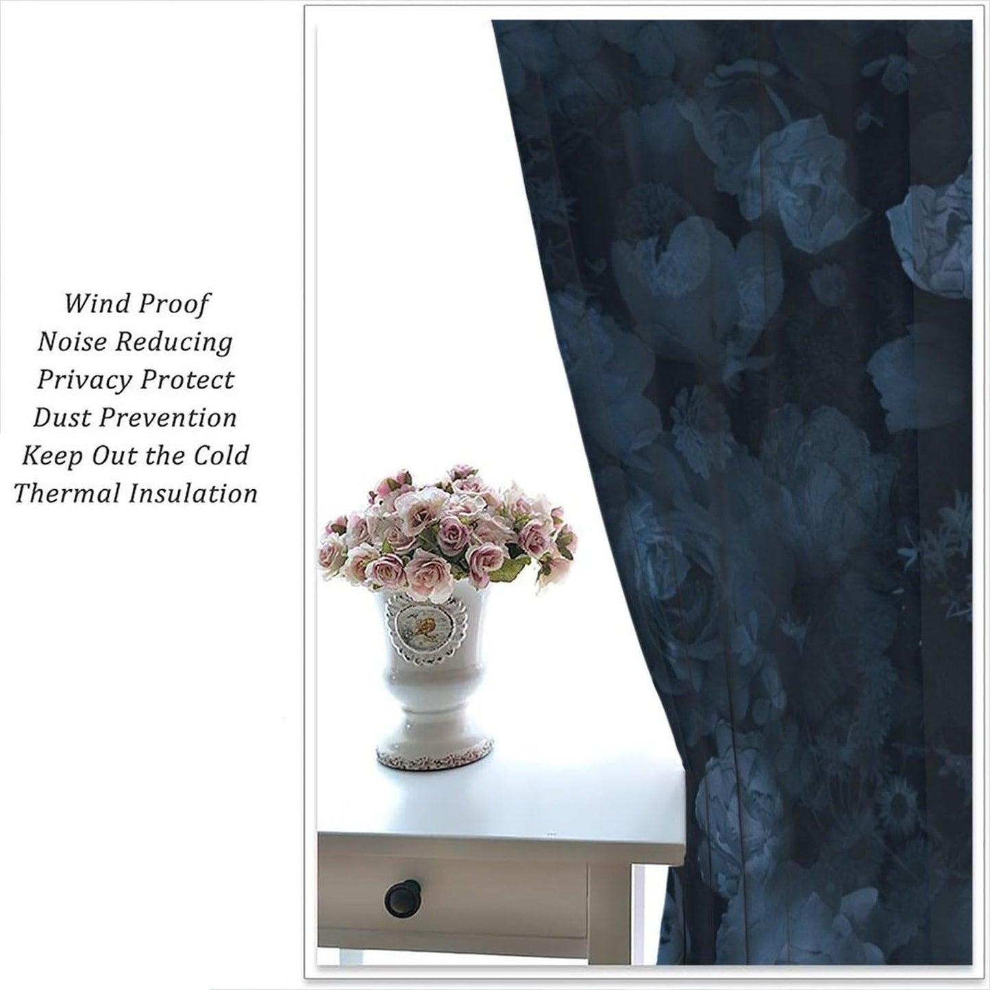 Nsbul Blue Floral Curtains, Moody Flower Rose Romantic Valentine Decor Rod Pocket Window Drapes for Girls Women Bedroom Living Room,42" W X 45" L (No Blackout)