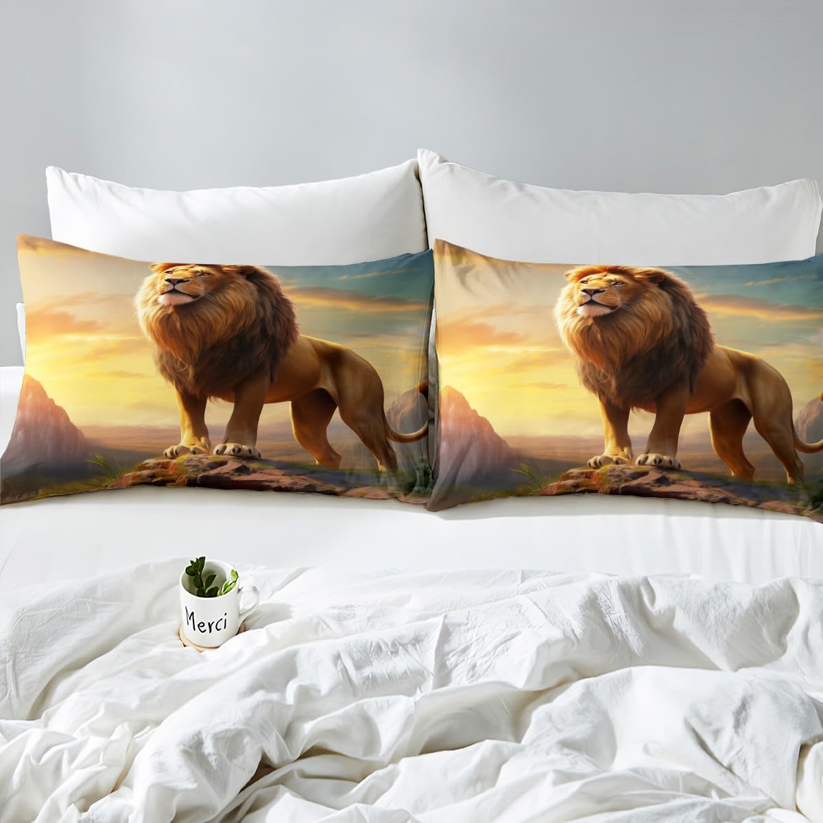 Homewish Fierce Lion Fitted Sheet Queen Size,Wild Animal Theme Bedding Set for Kids Teens Adults Men Room Decor,African Plateau Natural Scenery Sheet Set 3Pcs,3D Lion Sunset Bed Sheet,2 Pillowcases