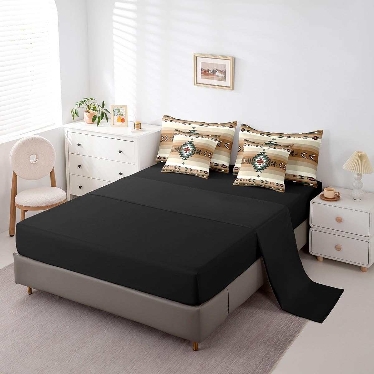 Feelyou Queen Size Southwest Native Design 7 Piece Bedding Set Southwestern Geometric 7 Piece Bedding Set Tribal Bed Set Includes Comforter, Sheet Set, Pillowcases & Pillow Covers Beige