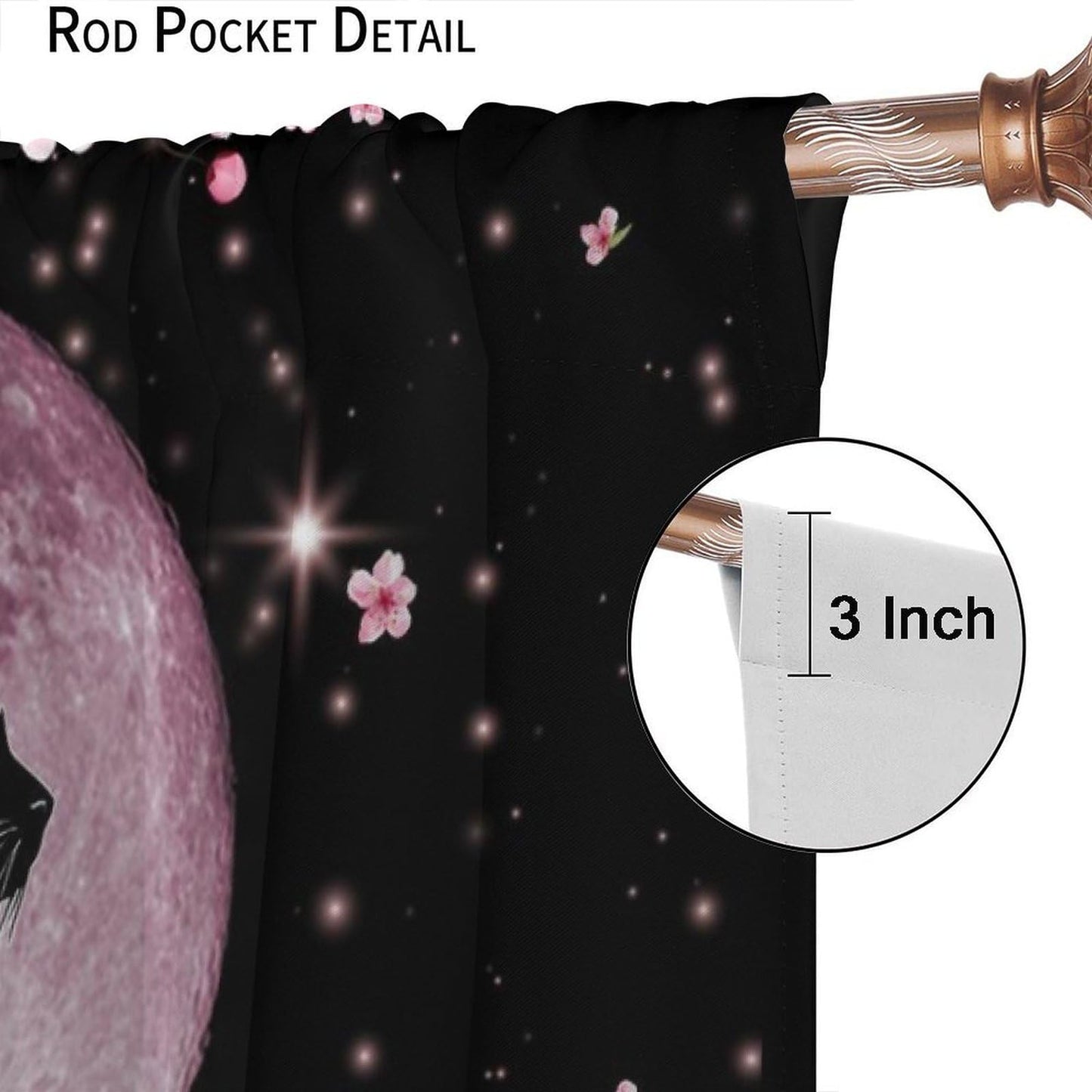 wlsgdsg Asian Cat Curtains for Kitchen Cartoon Cherry Blossom Pink Floral Moon Phase Black Cat Japanese Style Kawaii Cute Print for Kids Bedroom Living Room Bathroom 42x45In（No Blackout）