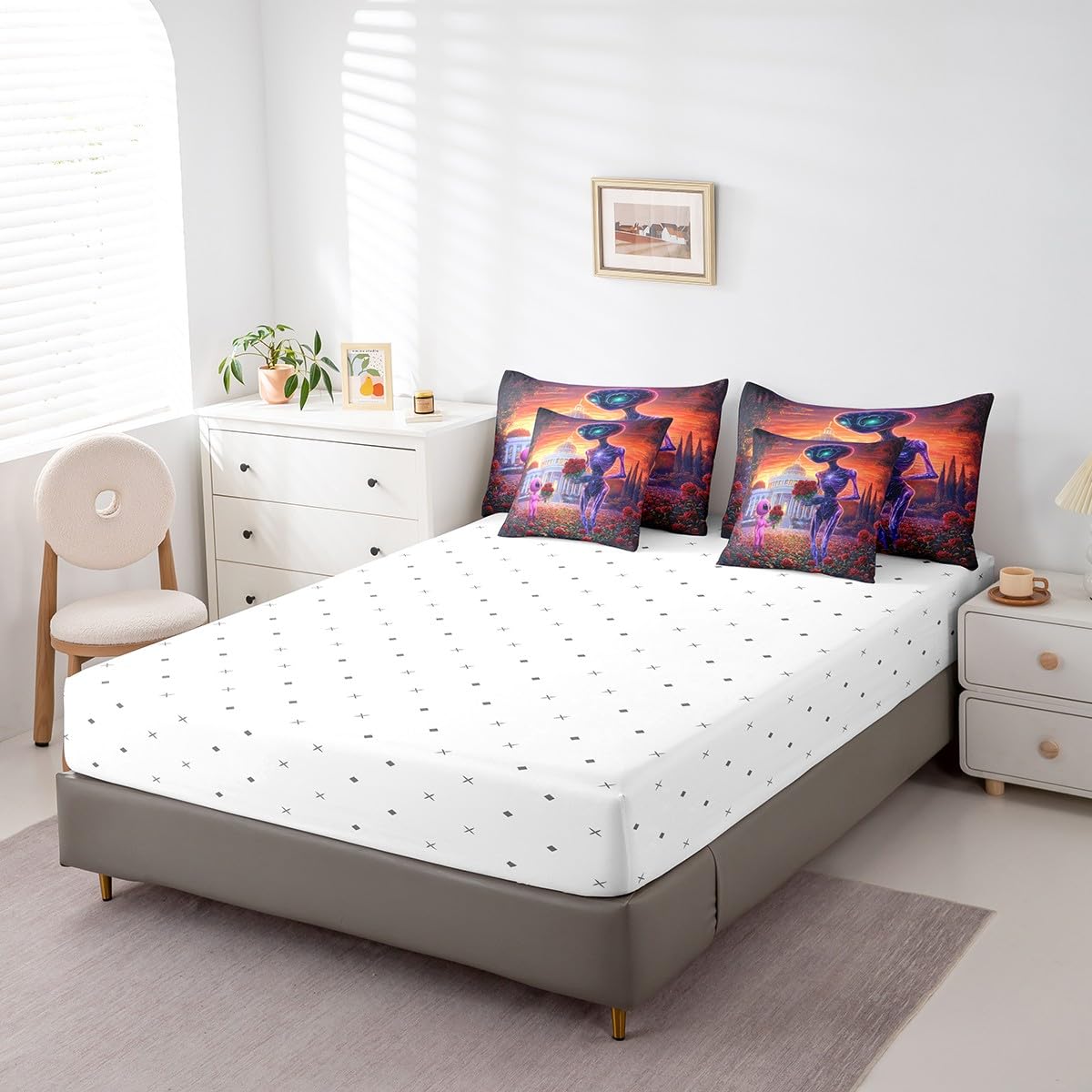 Erosebridal Space Alien Full Size Comforter Set Red Roses Valentine's Day Bed in A Bag for Adults Men Women,Cartoon Alien Couple 7 Piece Bedding Set Romantic Flowers Garden Bed Set